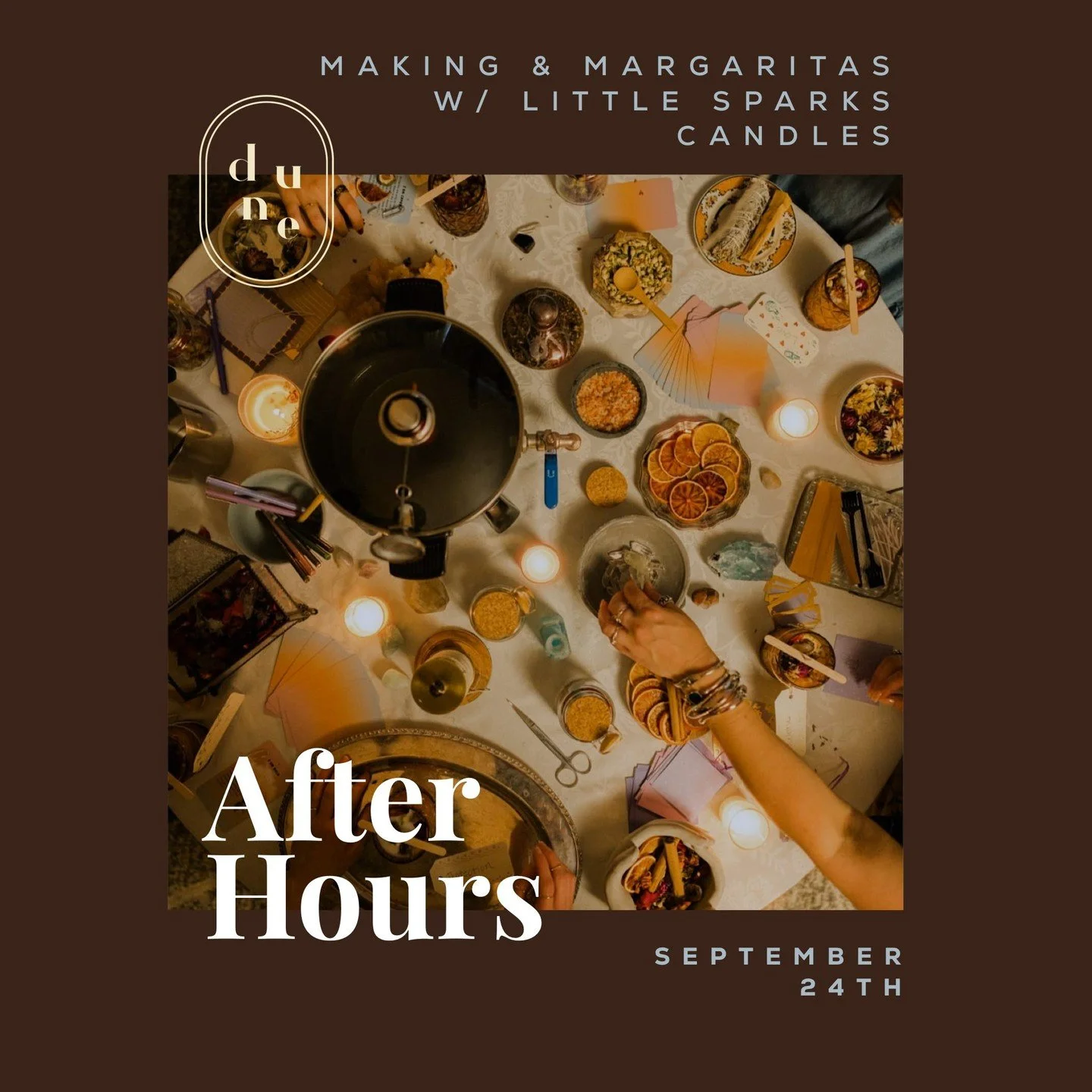 September 24th 6- 8pm 

We are so excited to announce this After Hours hosted by the beloved and missed Little Sparks Candles!!! 
And in honor of our &lsquo;Practical Magic&rsquo; themed fall-  after hours will be accompanied by a festive fall flavor