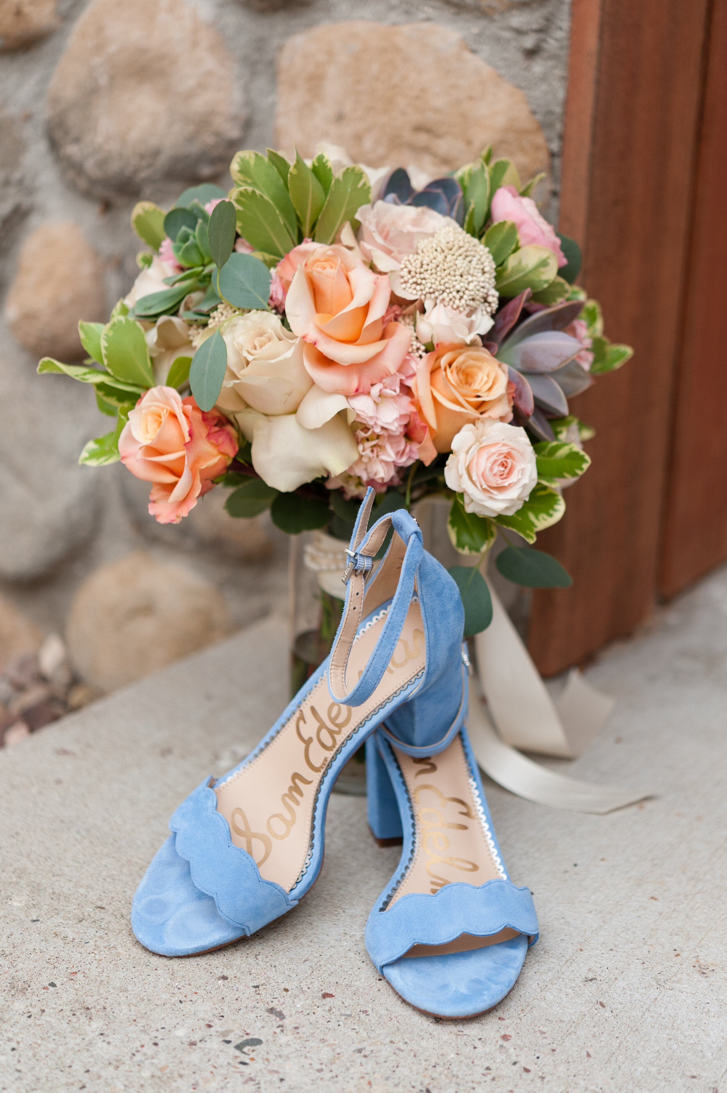 Green Bay wedding blue shoes succulent rose bouquet