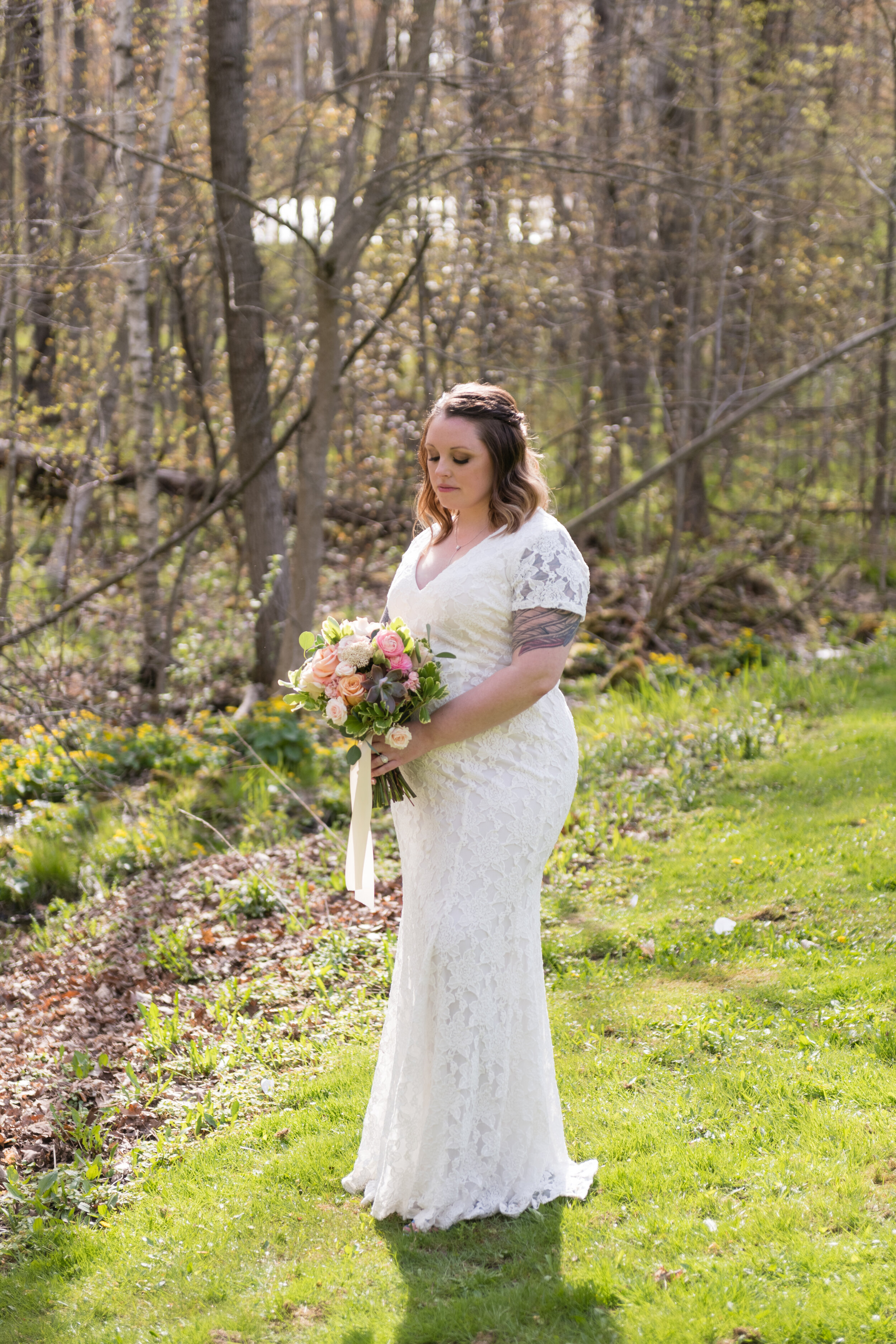 Green Bay woods backyard wedding bride in sunlight