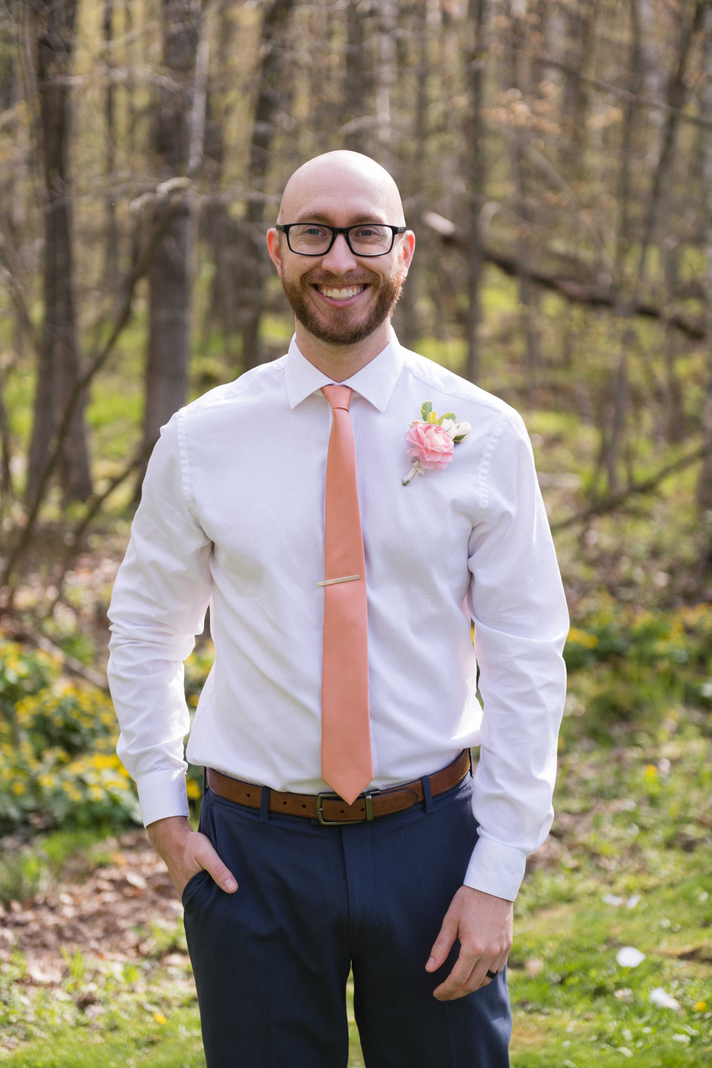 Green Bay backyard wedding groom with peach tie