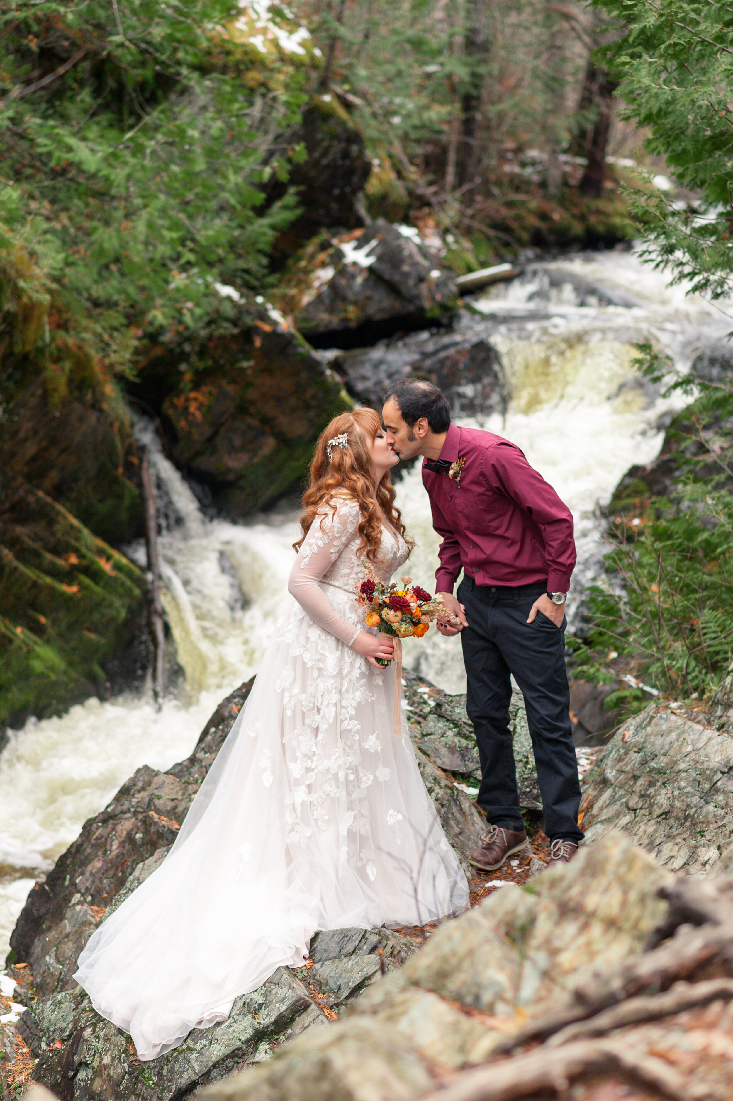 Romantic forest waterfall colorful elopement wisconsin