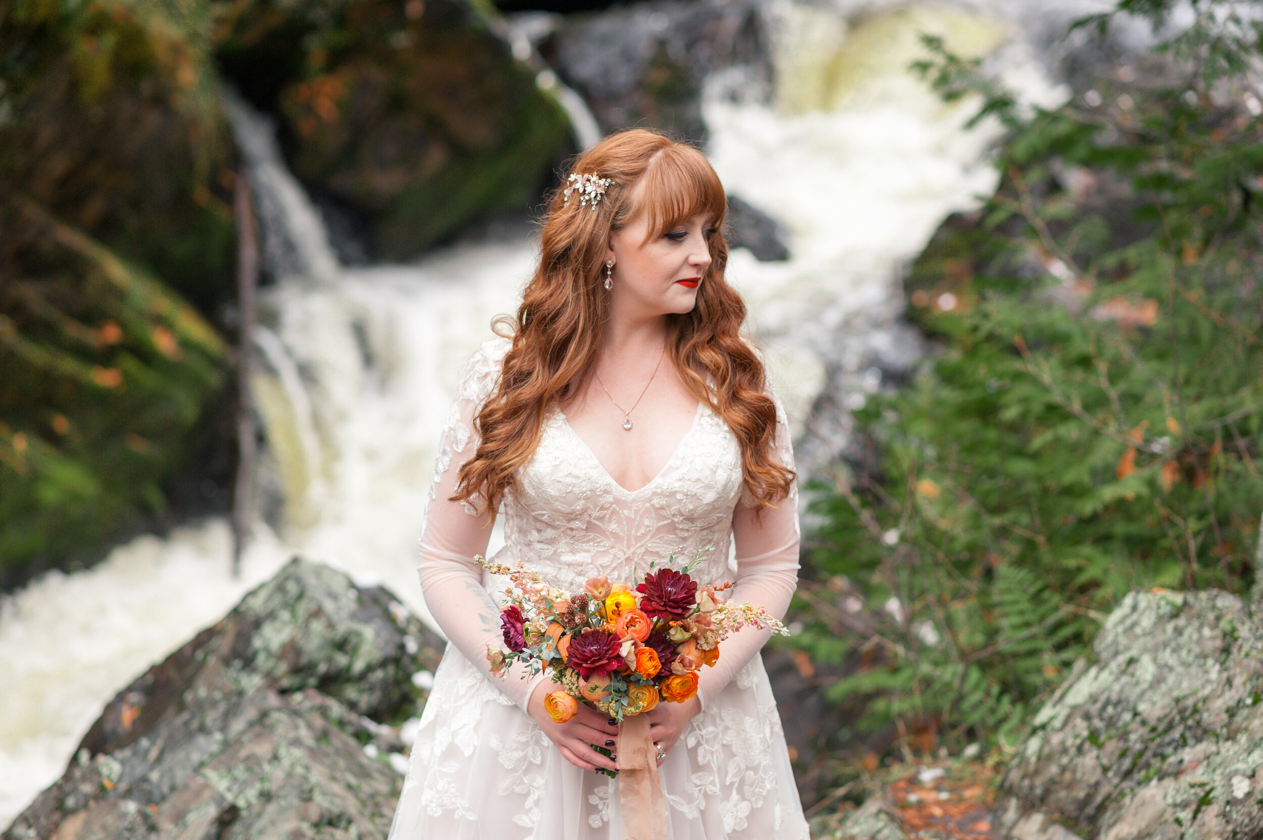 Romantic forest waterfall colorful elopement wisconsin