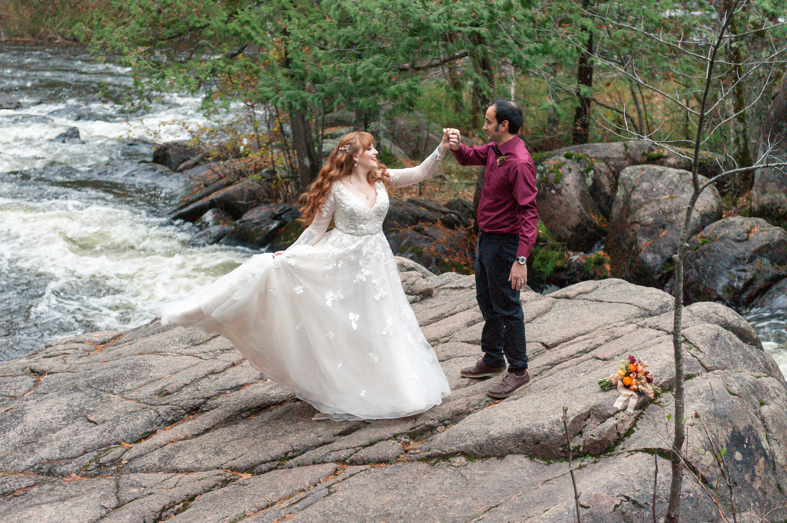 Romantic forest waterfall colorful elopement wisconsin