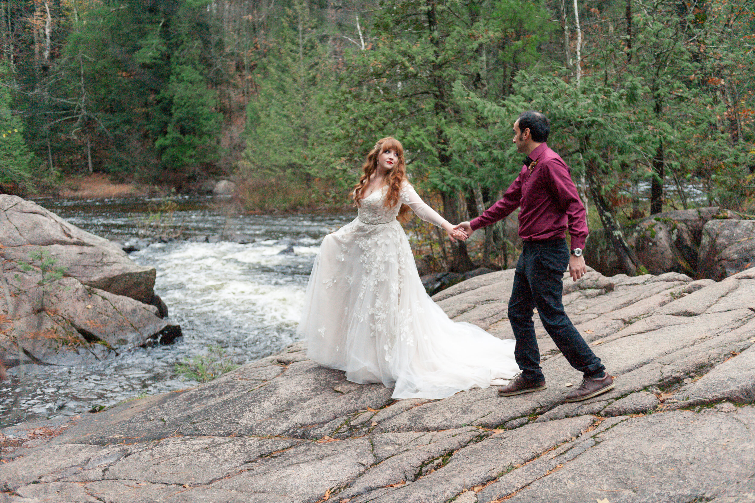 Romantic forest waterfall colorful elopement wisconsin