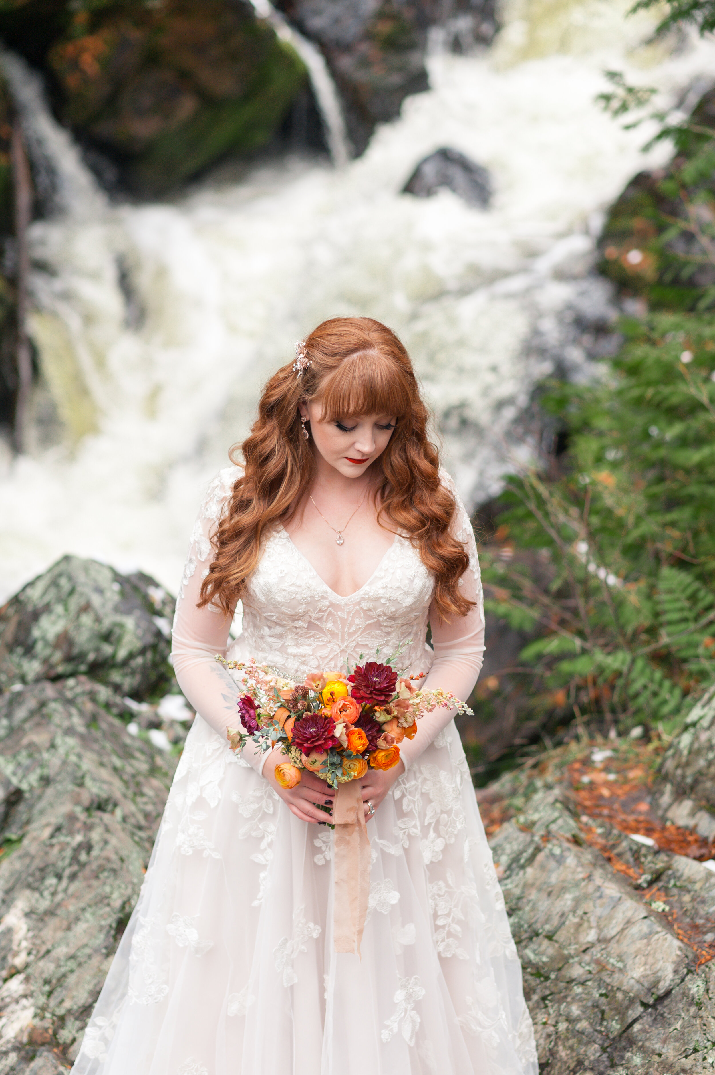 Romantic forest waterfall colorful elopement wisconsin