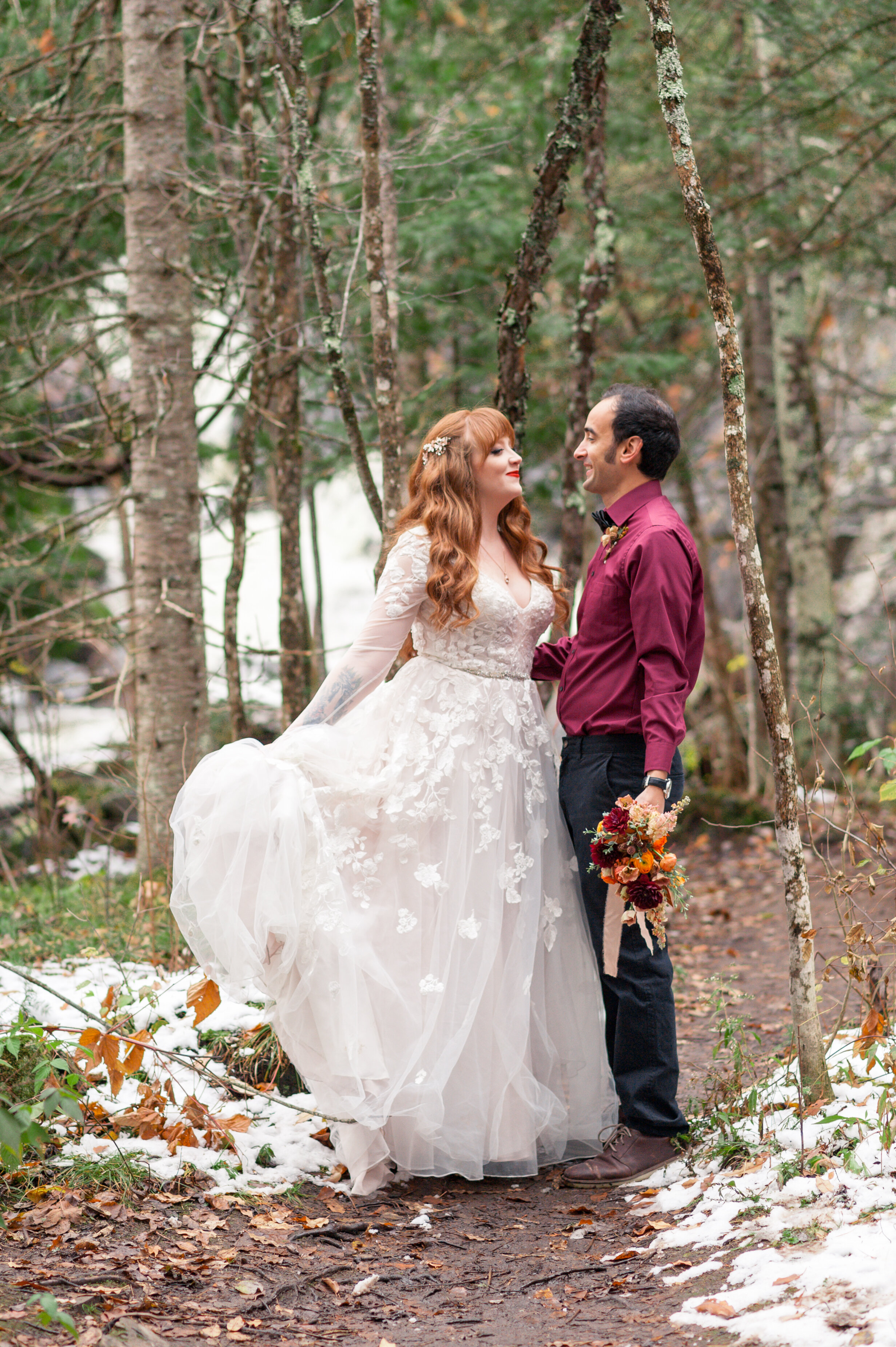 Romantic forest waterfall colorful elopement wisconsin