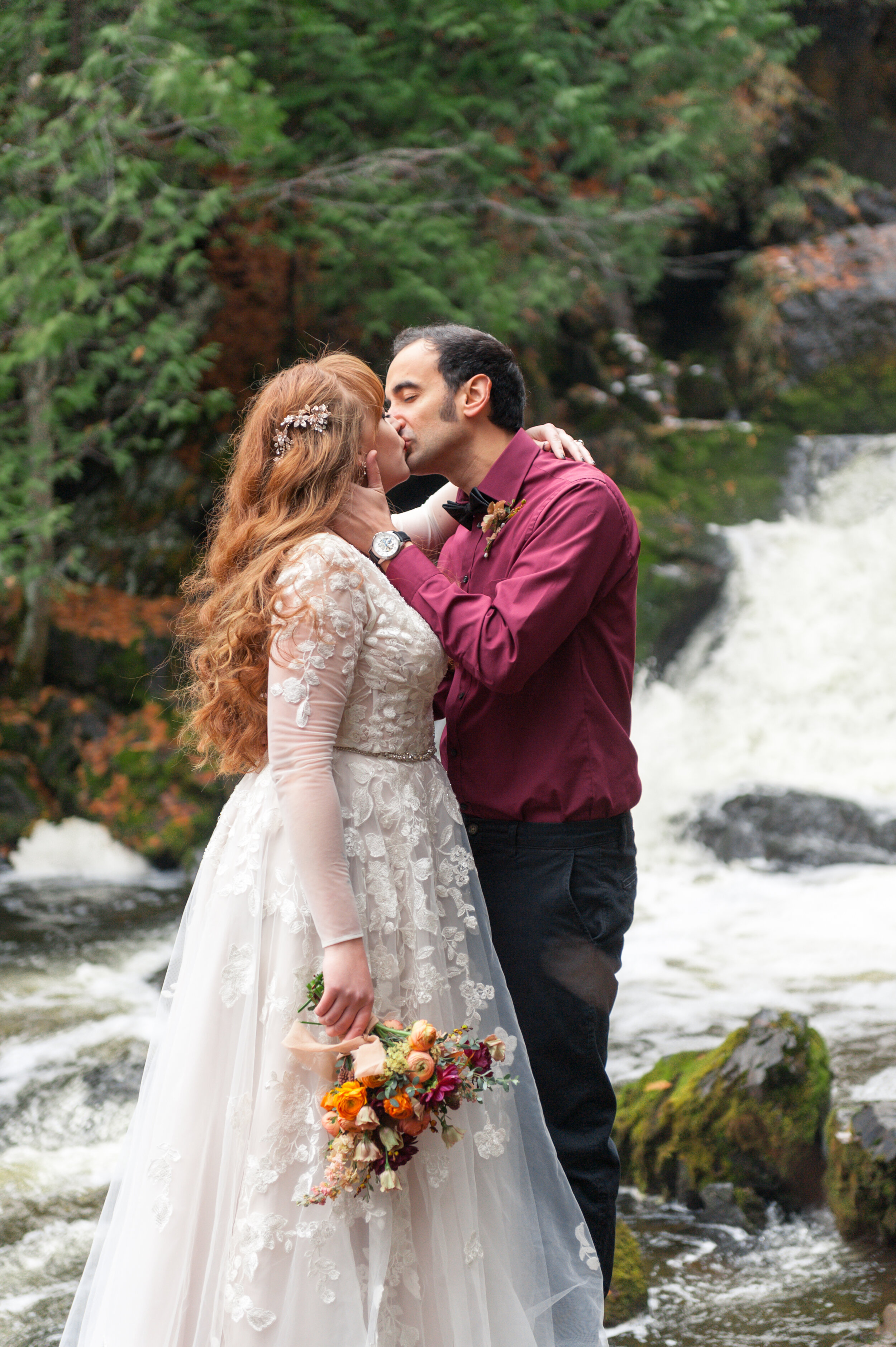 Romantic forest waterfall colorful elopement wisconsin