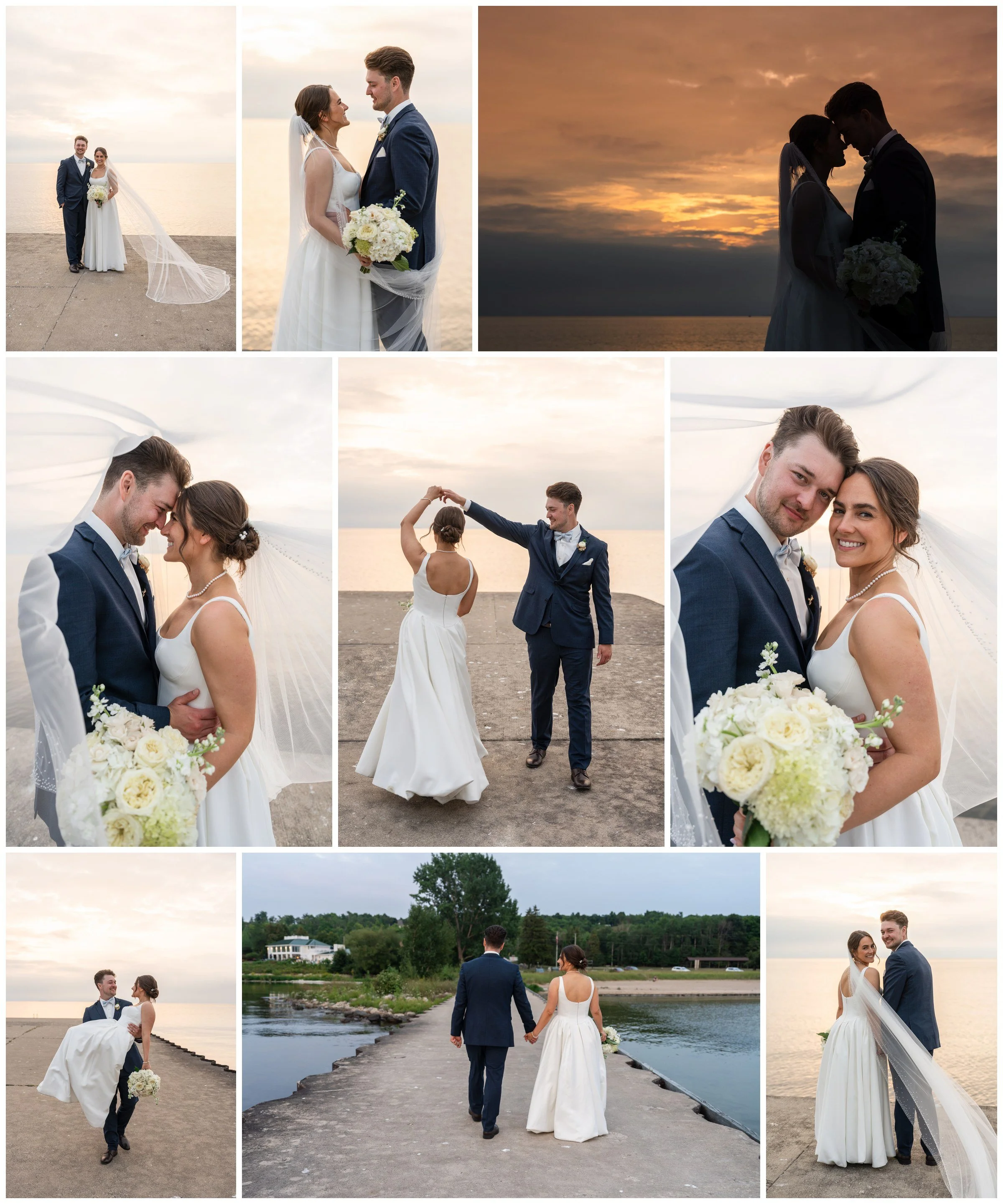 Bride and groom on the pier at sunset with her veil blowing over the water