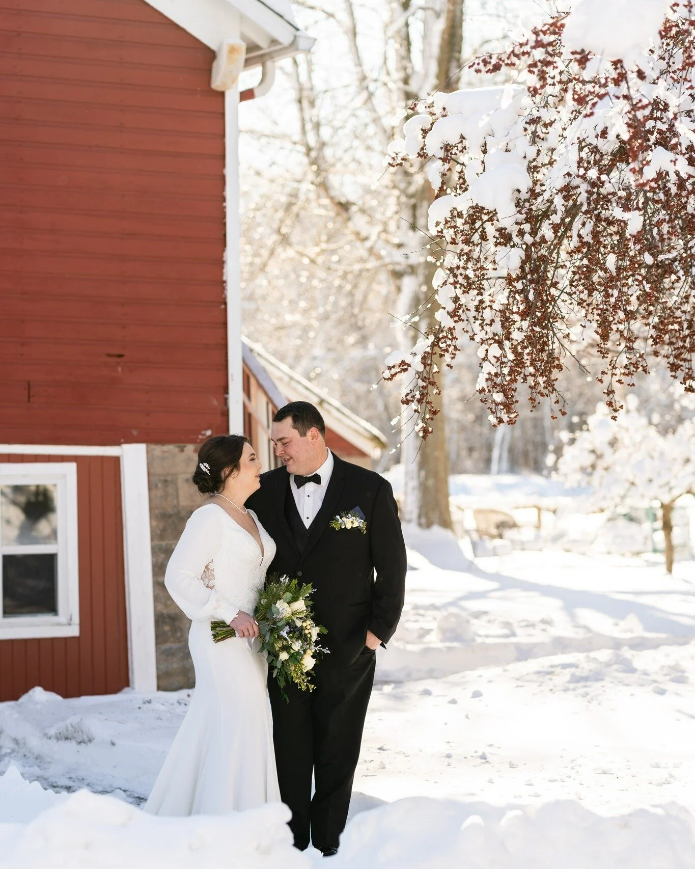 Rustic orange and freshly fallen snow coating the winter bare branches = pure elegance captured by our team for Morgan &amp; Brett. 
📷Kate

Dress | @Bonbonbellebridal
Bridesmaids | @azazieofficial
Tuxes | Burlington Menswear WI, in the Loop 
Hair | 