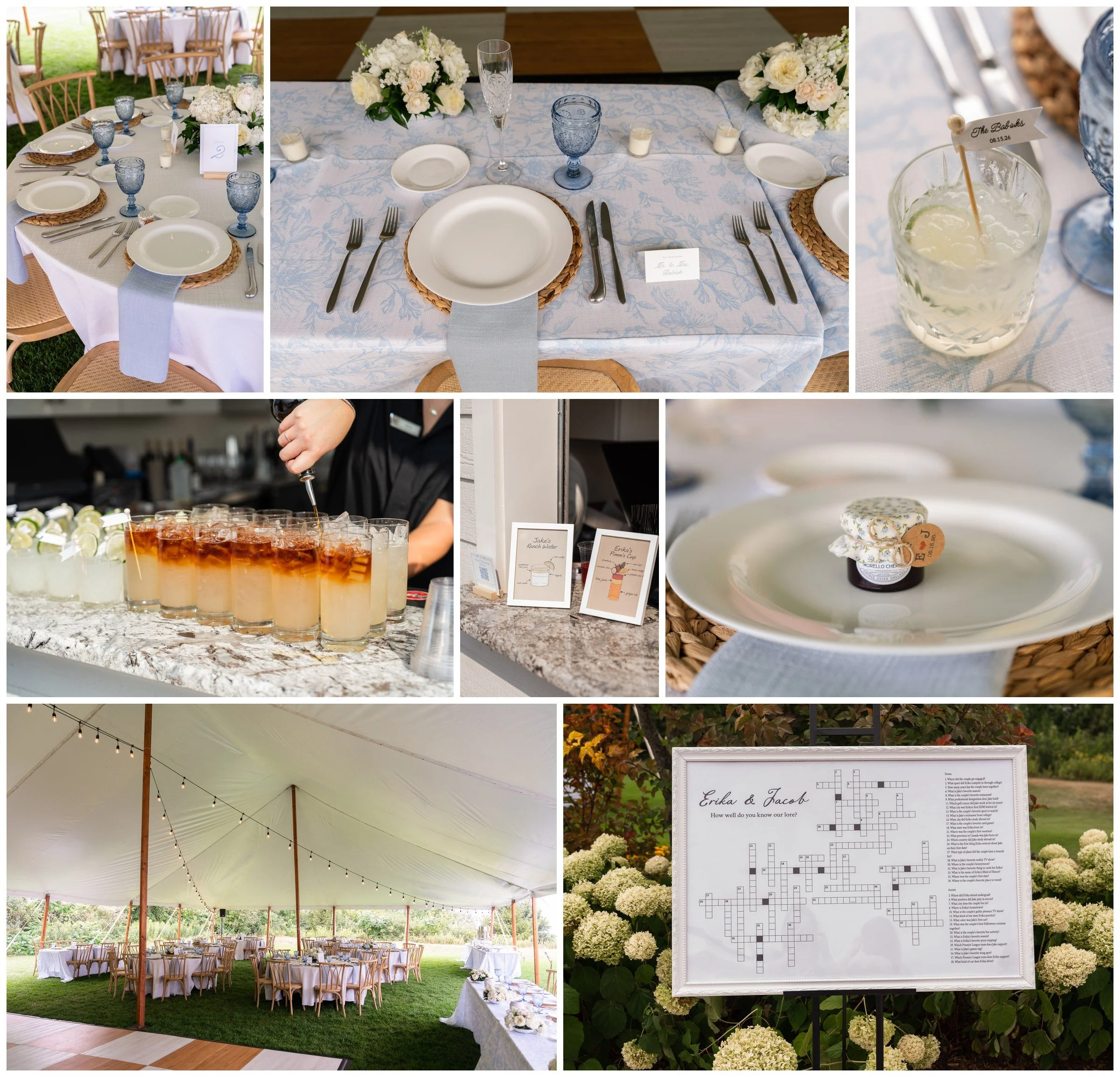 Blue glass, florals and crossword reception details at Horseshoe Bay Beach Club