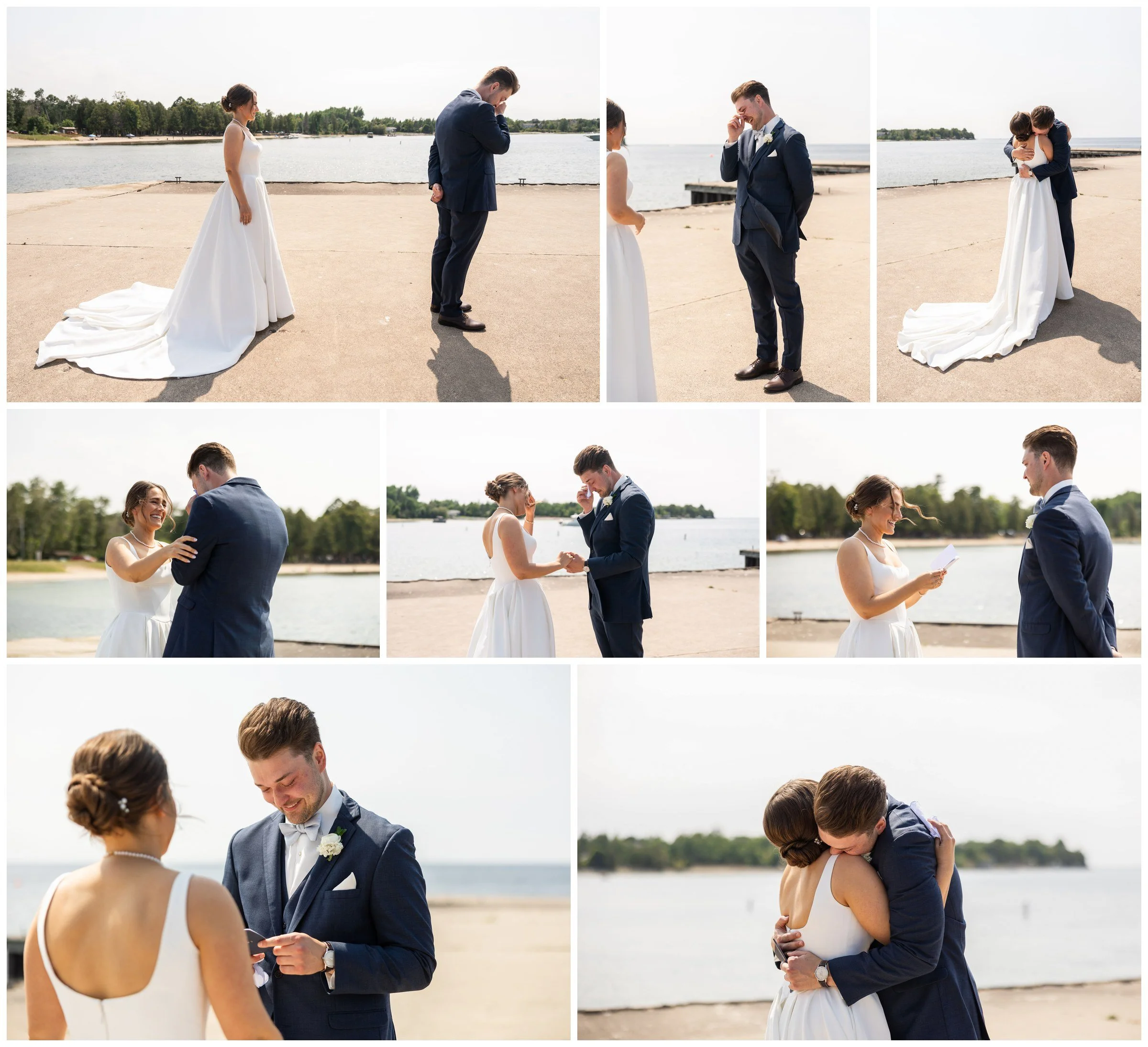 Groom turning to see his bride for the first time by the water at Horseshoe Bay Beach Club