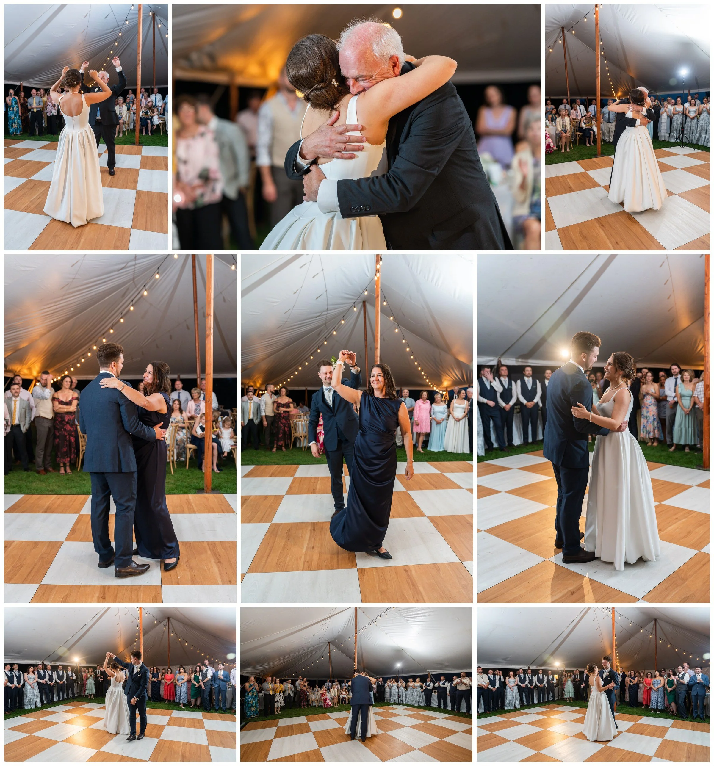 Bride and groom's first dance and parent dances in the tented reception space