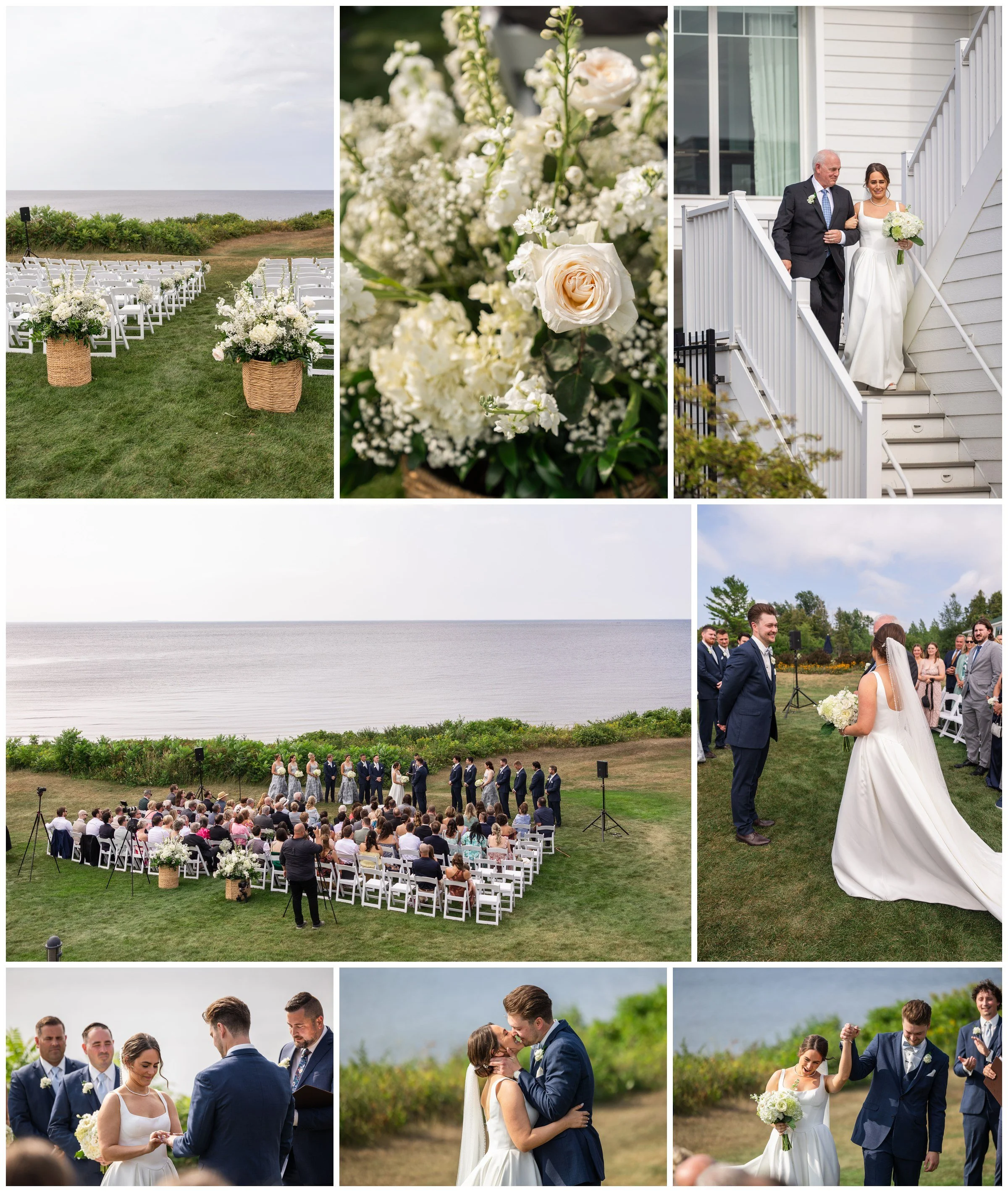 Bride and groom exchanging vows at an outdoor bluff ceremony overlooking water in Door County