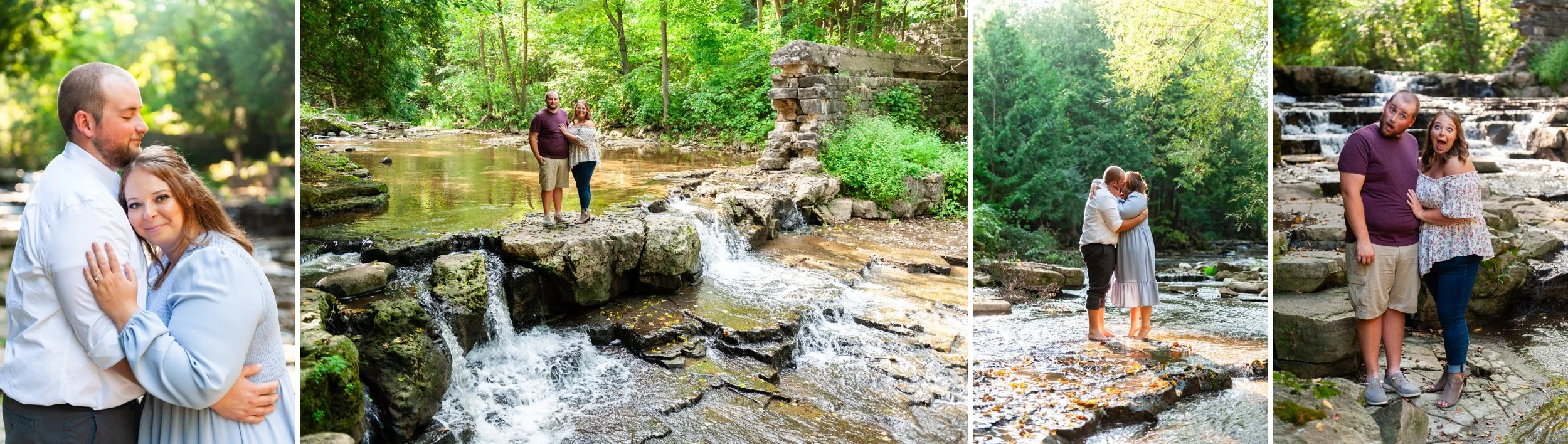 Summer engagement photos at a creek, fun water engagement photos
