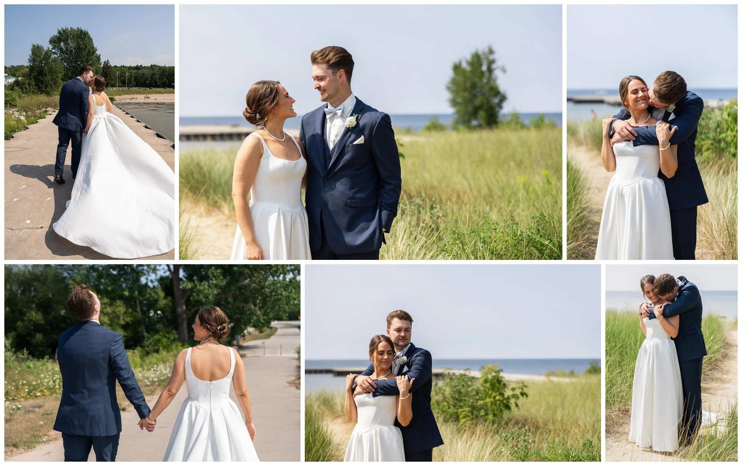 Bride and groom walking and embracing among the dune grasses along Green Bay in Door County