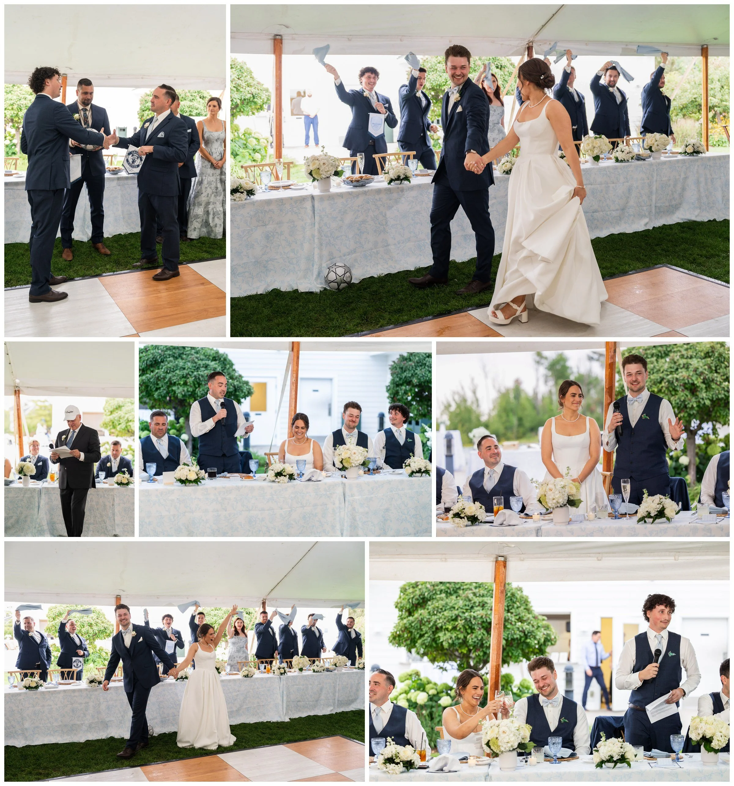 Couple's grand entrance and wedding toasts in the reception room at Horseshoe Bay Beach Club