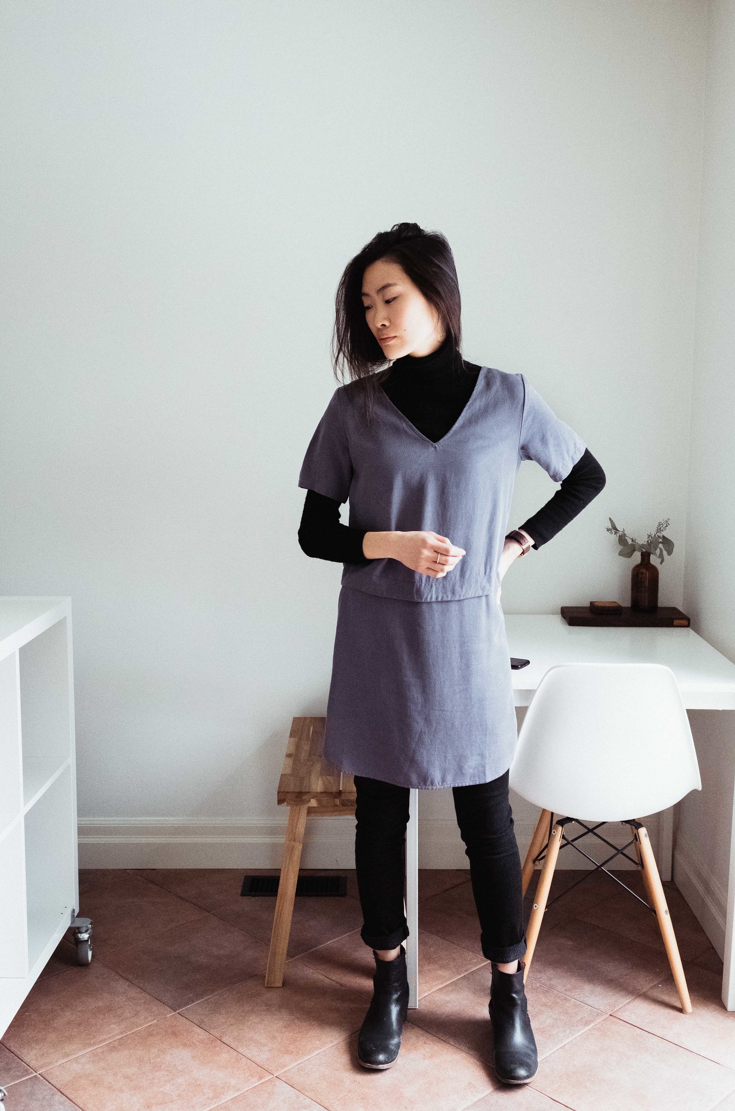 Turtleneck: UNIQLO Shift Dress: Vetta Capsule Pants: Citizens of Humanity Boots: Frye