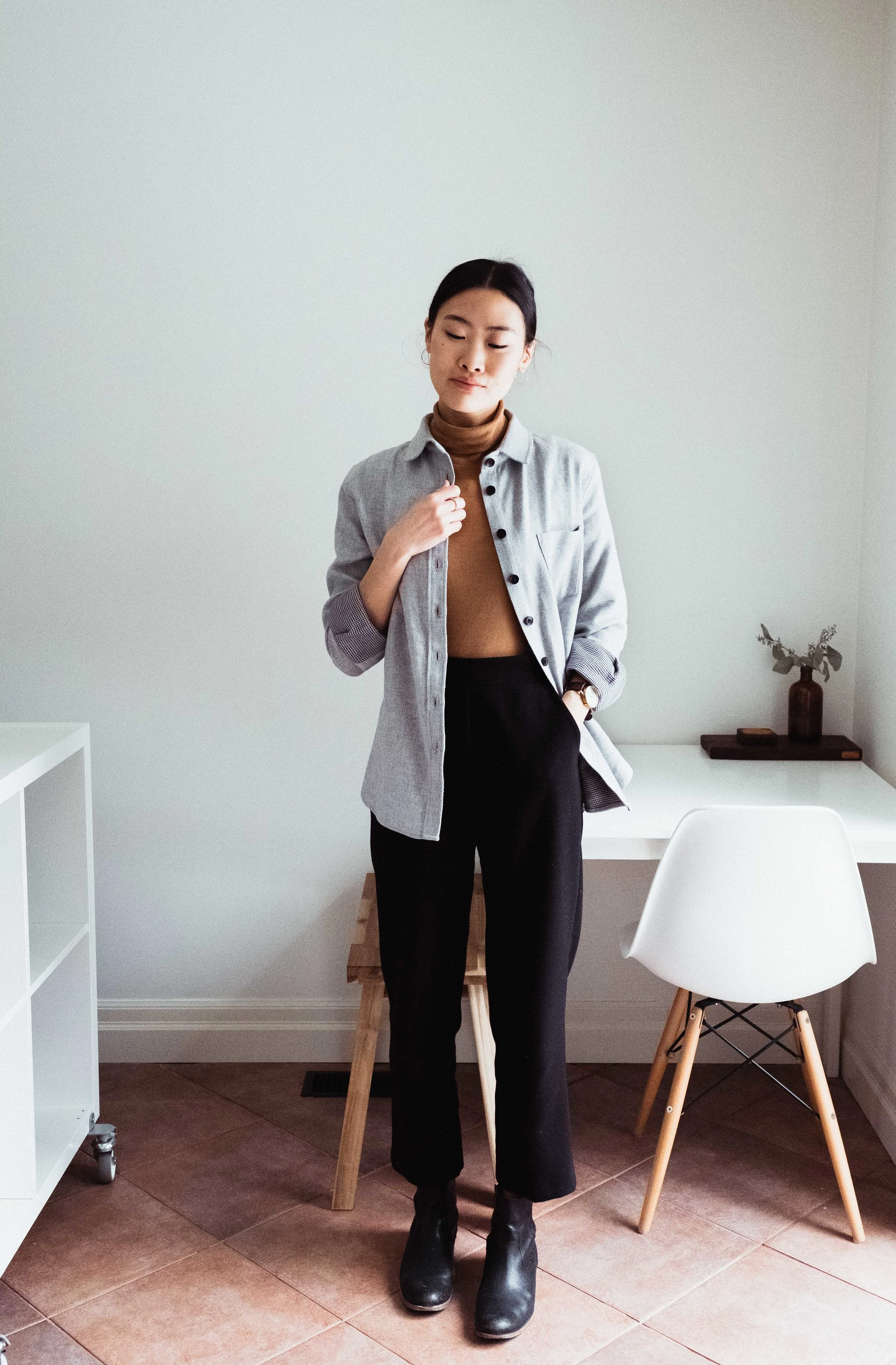 Turtleneck: Kotn Flannel: Tradlands Trousers: Oak + Fort Boots: Frye