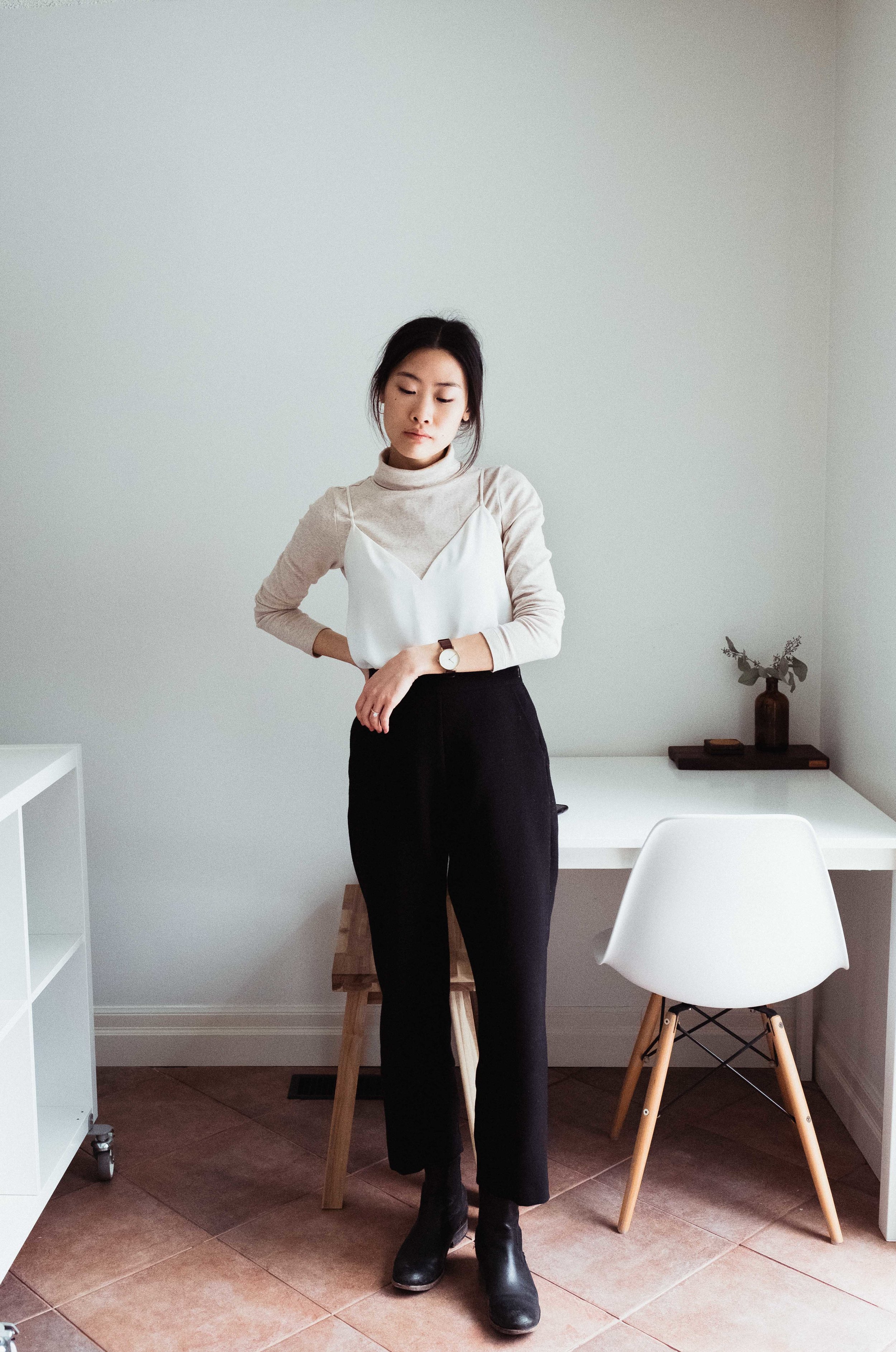 Tank: Aritzia Turtleneck: Muji Trousers: Oak + Fort Boots: Frye