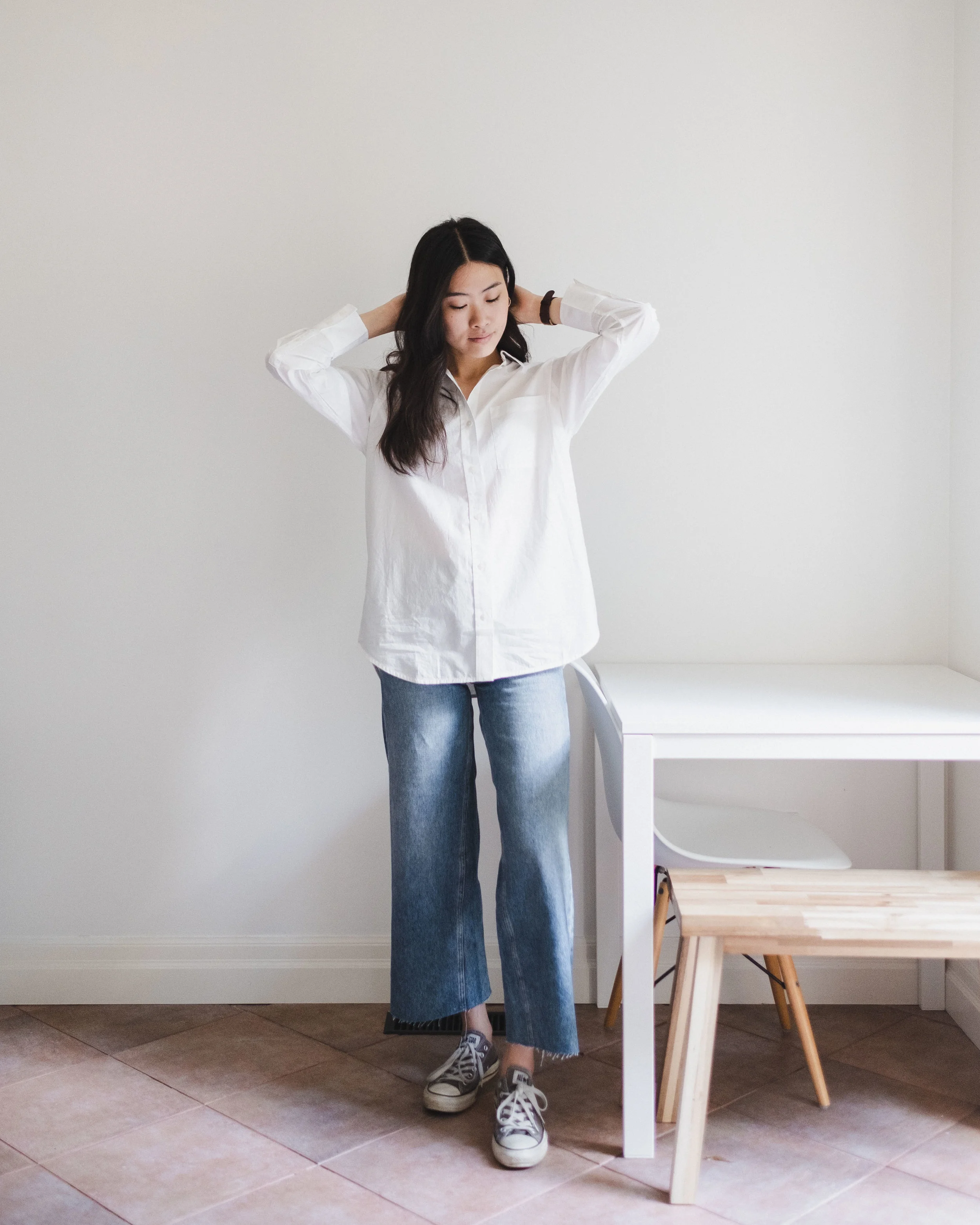 Oversized button-up | Wide-leg denim | Sneakers
