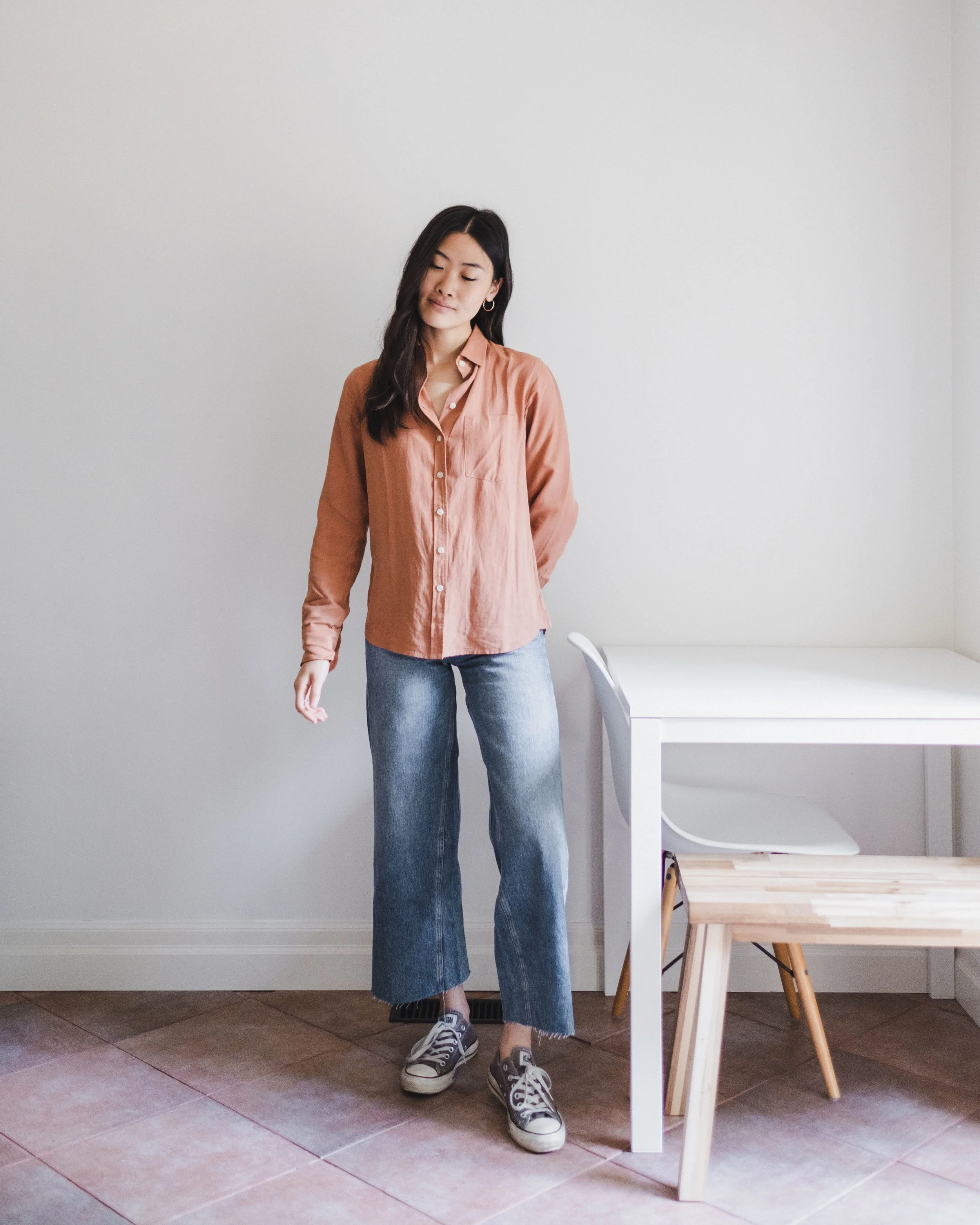 Button-up Shirt | Wide-leg Denim | Sneakers | Hoops