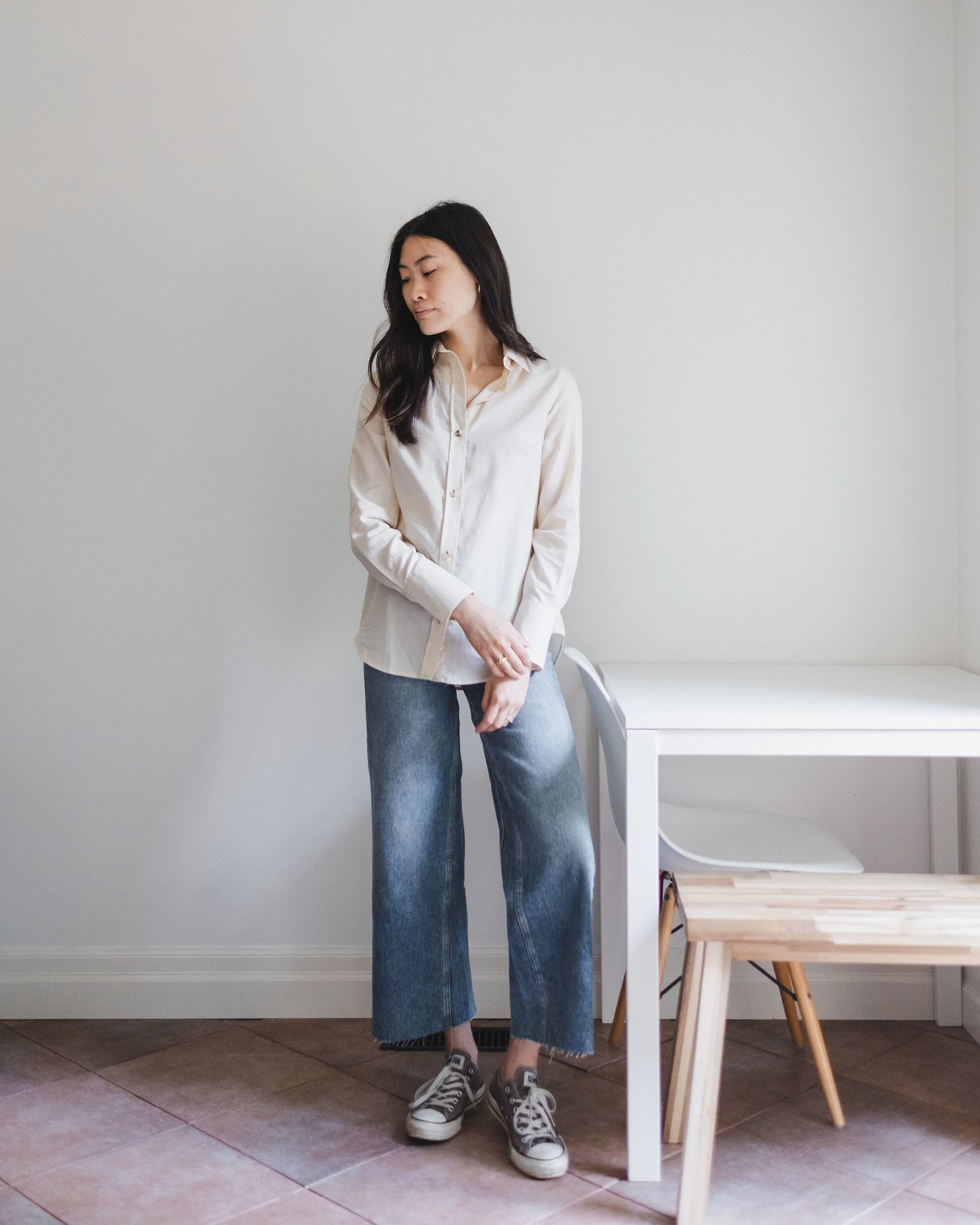 White Button-Up | Wide-Leg Denim | Sneakers