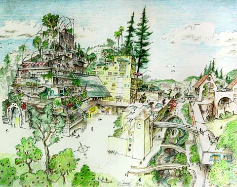 Illustration from Eco-cities: Building Cities in Balance with Nature (2002) by Richard Register. It captures the author’s vision of what a “rewilded” eco-city would look like.