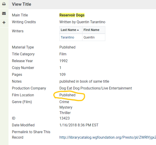 Image of Reservoir Dogs catalog record.PNG