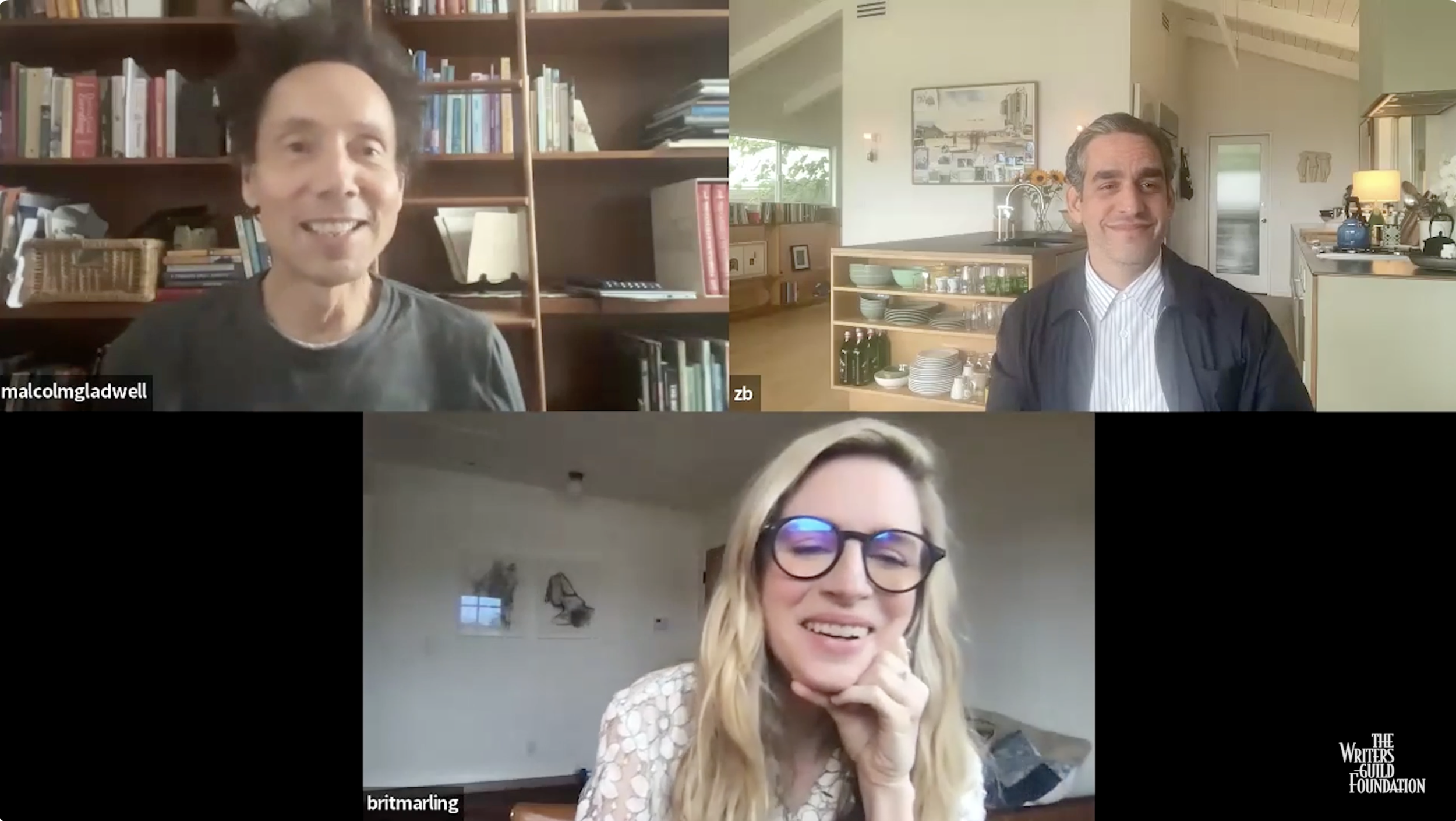 A screenshot of Brit Marling, Zal Batmanglij, and Malcolm Gladwell on Zoom