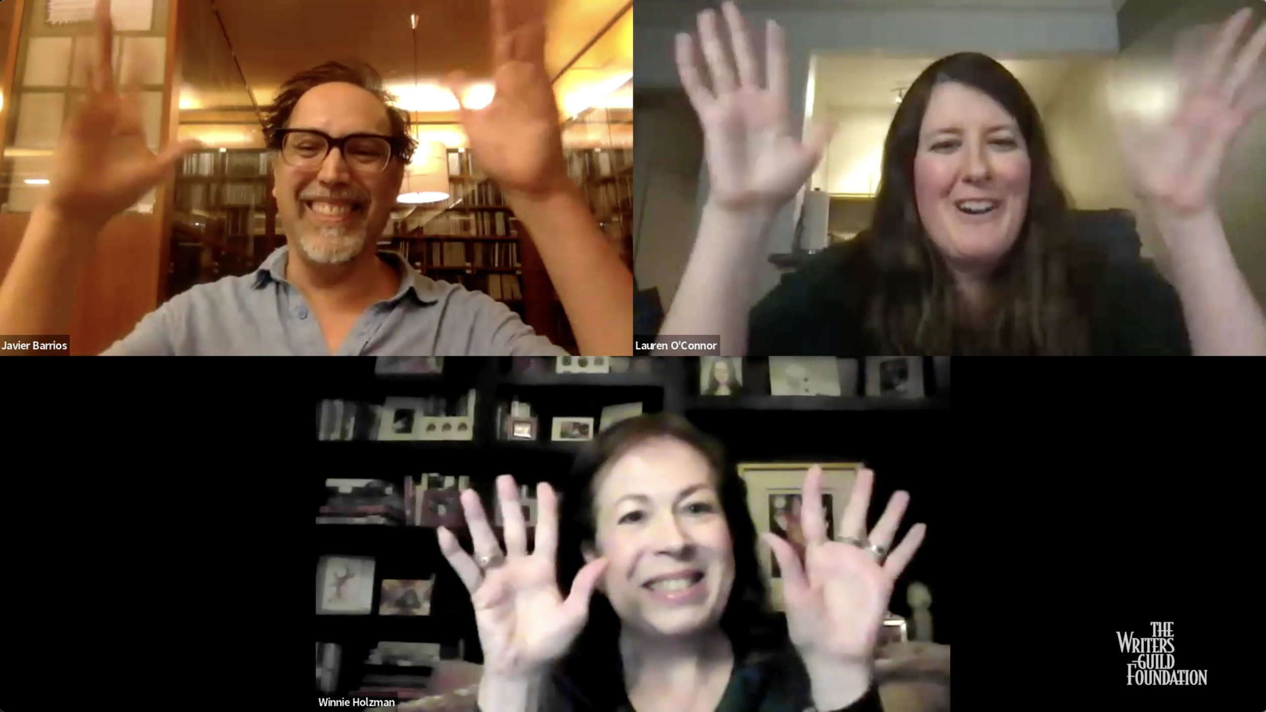 Javier Barrios, Lauren O'Connor, Winnie Holzman have jazz hands on a Zoom