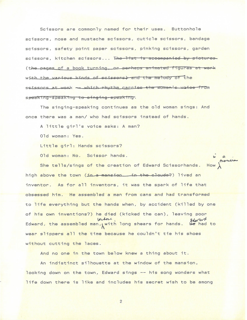 Image of Edward Scissorhands musical treatment with annotations