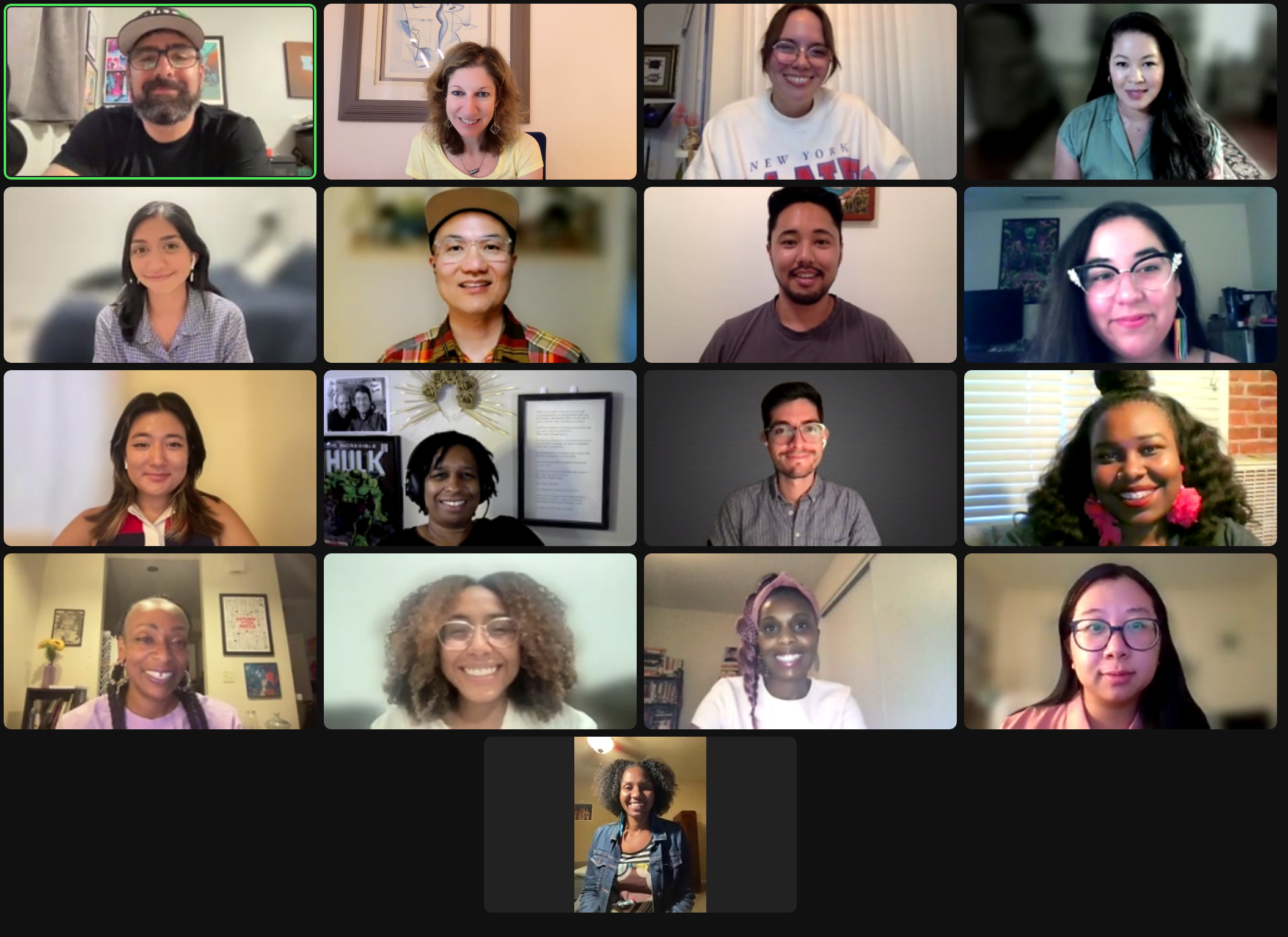 A group video call showing 16 diverse people smiling and looking at their screens in various home settings.