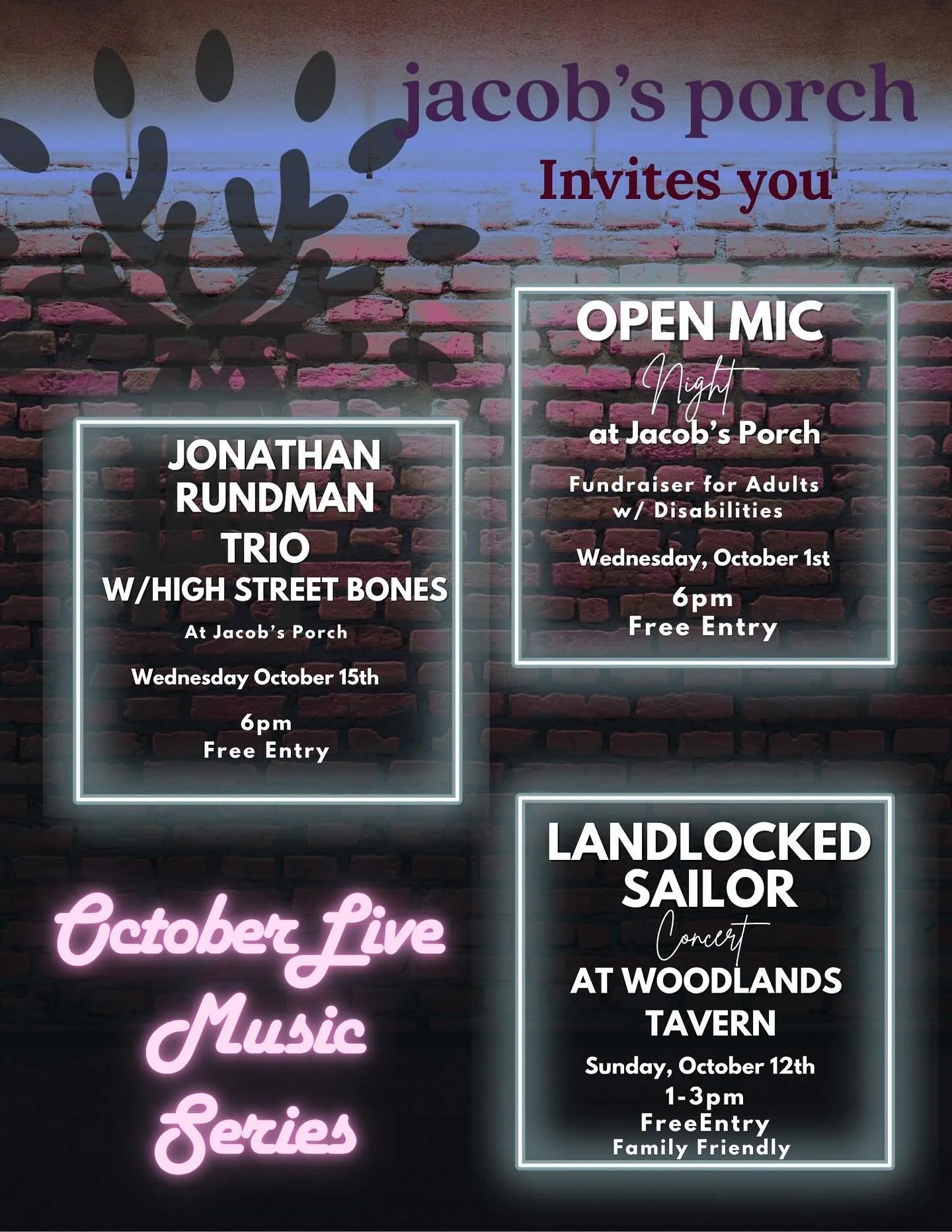 Come check out our live events this October! Starting tonight with an Open Mic at 6pm!