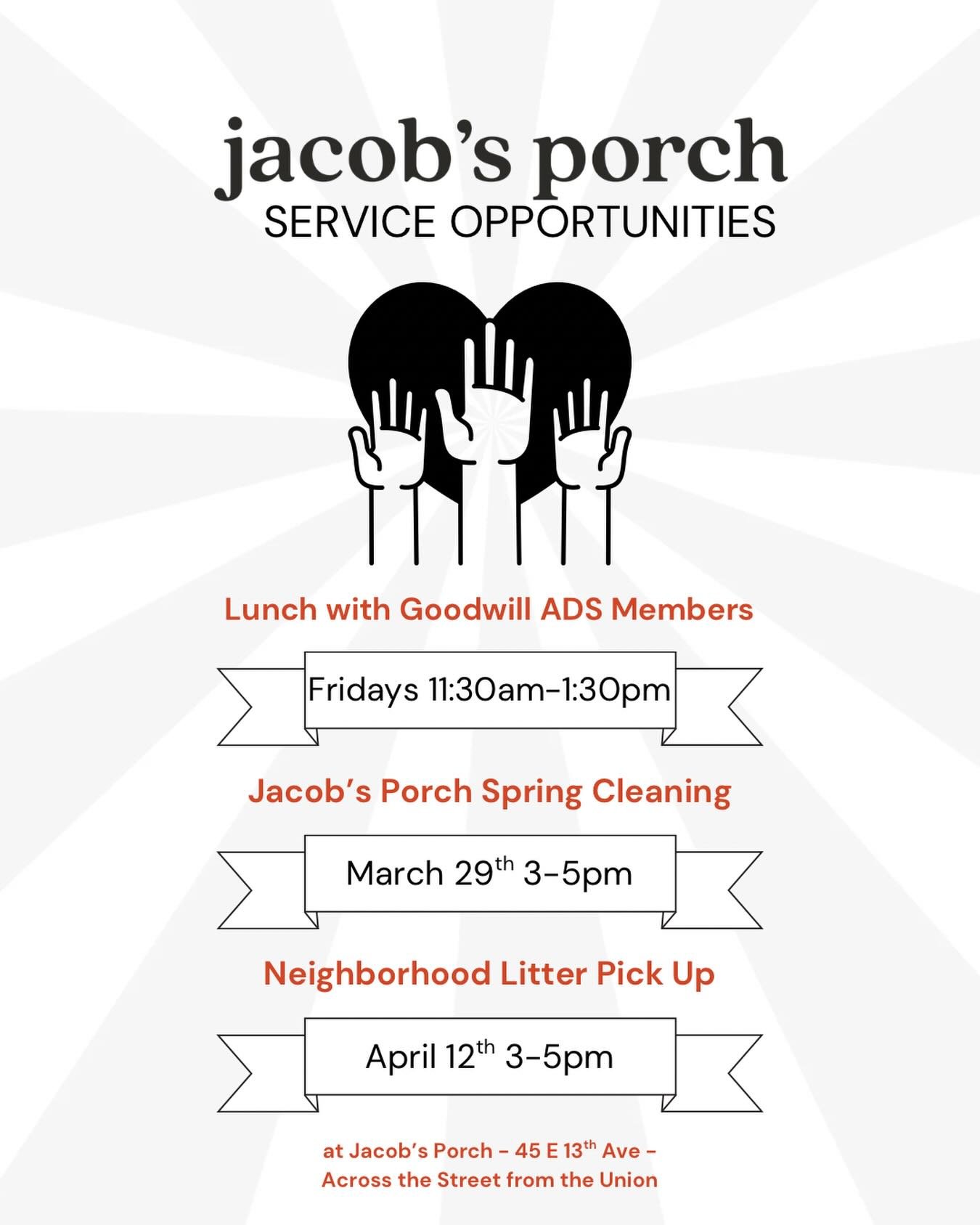 Service Opportunities at JP! As the weather warms, help us show some love to our neighborhood with some community clean up.

And on Fridays we have members from @goodwillcolumbus Adult Day Services over for lunch and conversation from 11:30 to 1:30. 