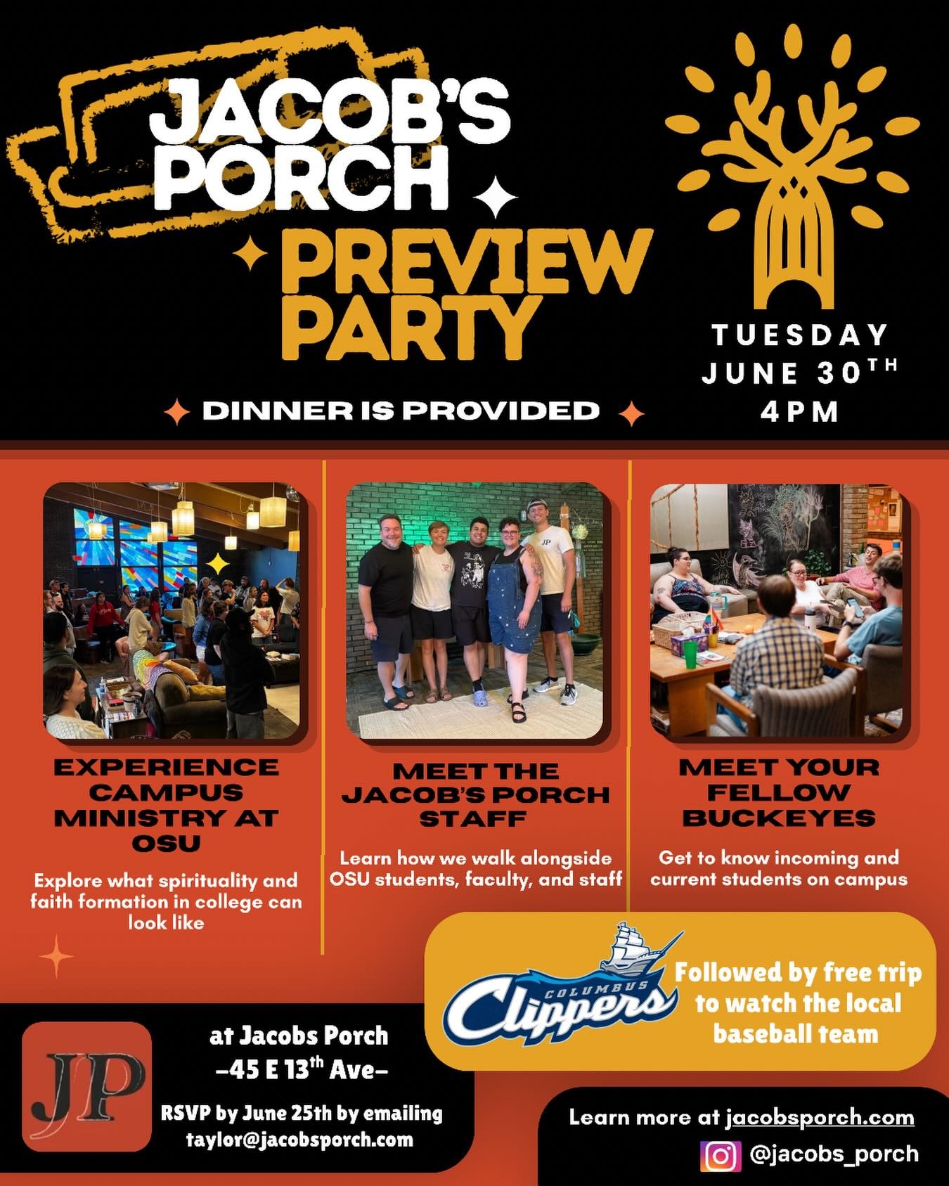 You&rsquo;re invited! And invite your friends who will be starting this fall. RSVP by emailing taylor@jacobsporch.com