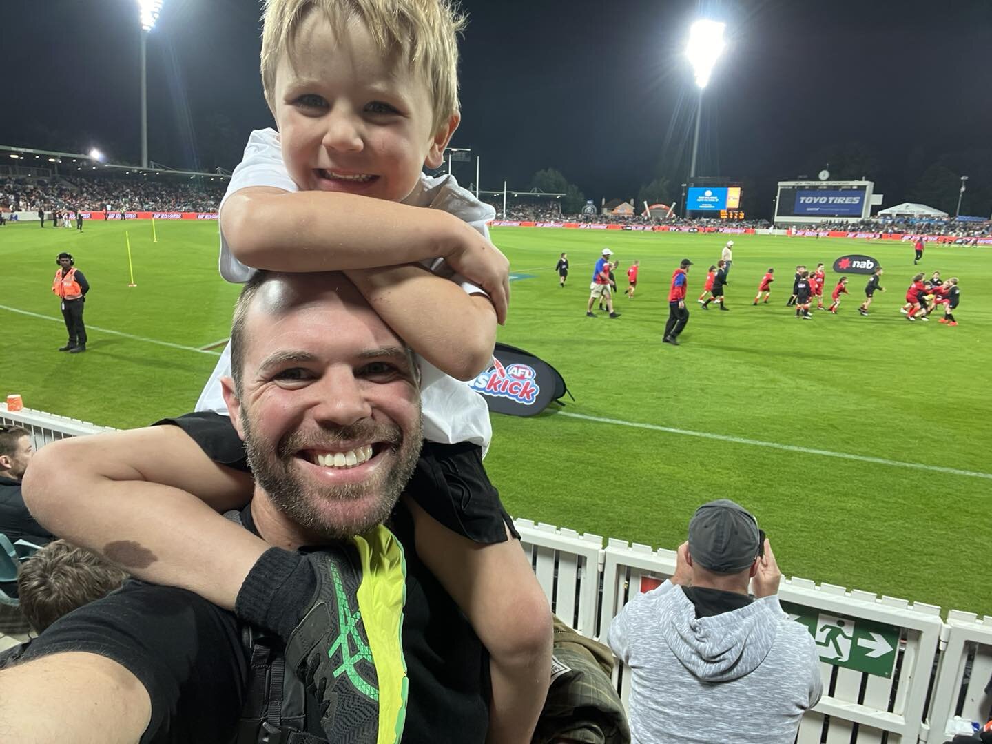 The boys were lucky enough to have their first ever AFL match under lights at half time for GWS &amp; the lions last night, thanks to the Wagga Swans!