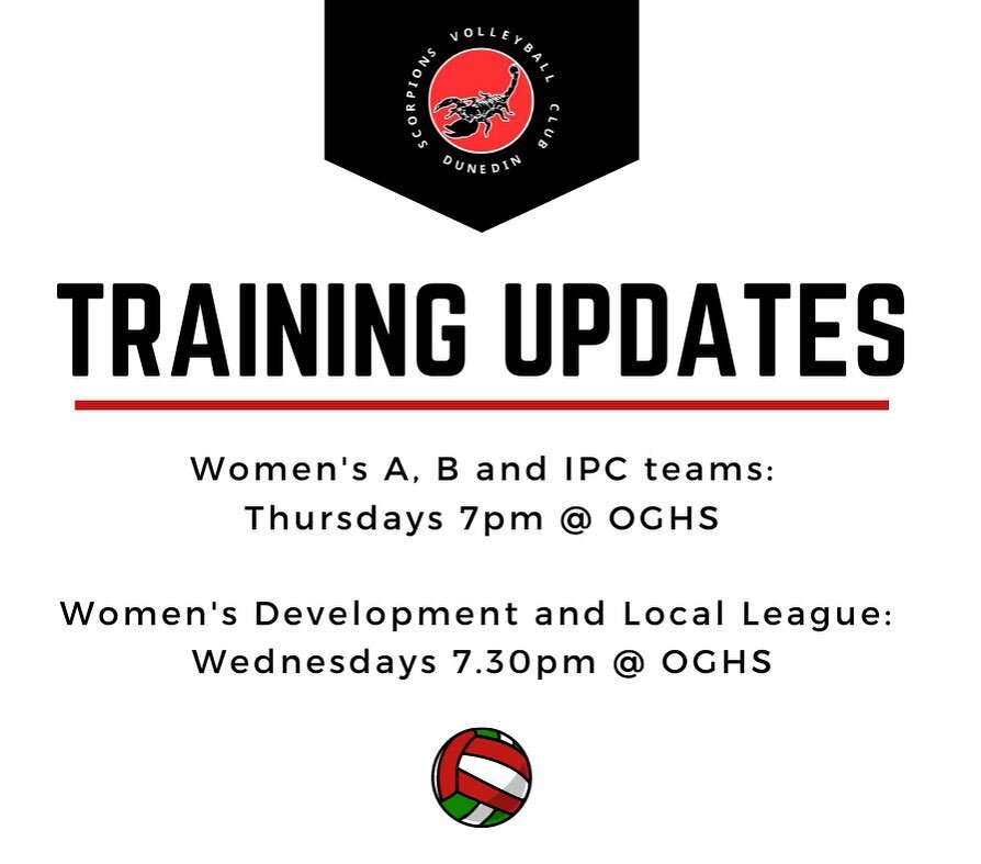 WOMEN&rsquo;S TRAINING UPDATE: now that the teams have been selected the trainings will change slightly. The A and B teams will continue on Thursdays at 7pm and the Local League team will join Wednesday nights at 7.30 at Otago Girls High School 🔴⚫️?