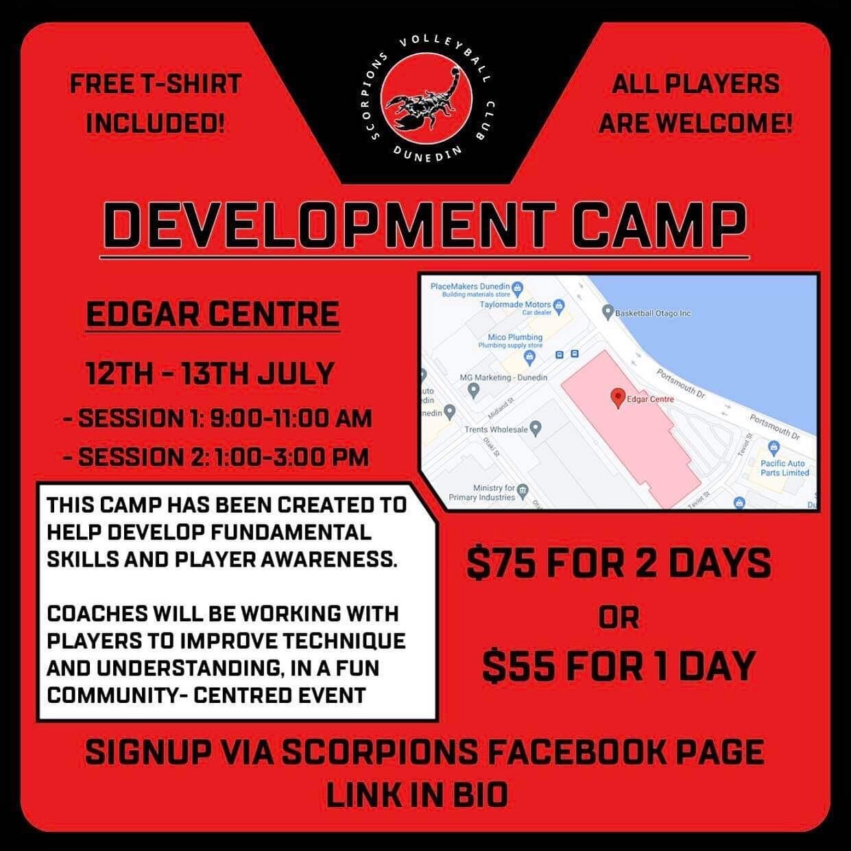 SCHOOL DEVELOPMENT CAMP! Scorpions Volleyball Club is holding a development camp over the school holidays, so if you want to improve your skills this is for you! The link to sign up is on our Facebook page.