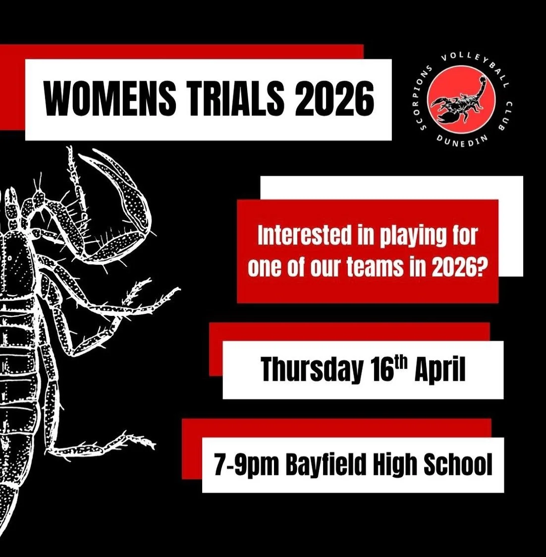 It&rsquo;s trial time!!

If you&rsquo;re interested in playing in a Scorpions Womens team this year, make sure you&rsquo;re at Bayfield High School 7-9pm next Thursday. If you cannot attend this time, please let us know! 

Our final open gym will be 