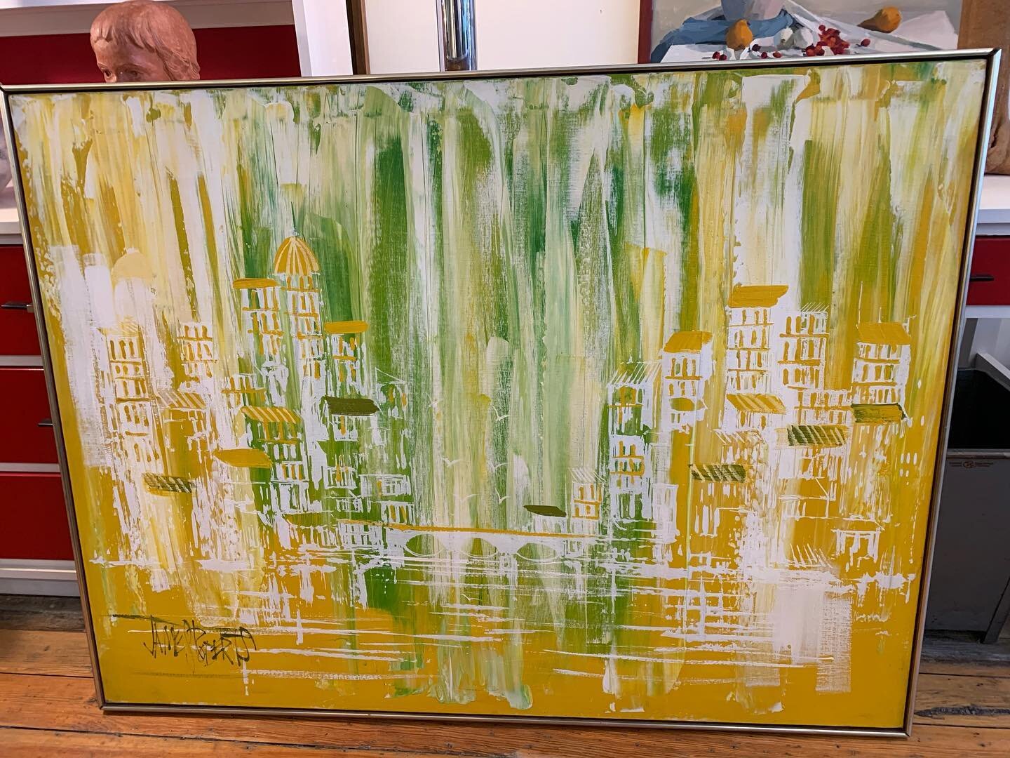 Excellent large abstract cityscape on canvas signed James Roberts . 49&rdquo; x 37&rdquo; we love the acidy/citrusy colors on this one. $295. #vintagedesign #interiordesign #mcmpainting #60sdesign #vintageshop #genevany #morganlaurent #jamesrobertspa