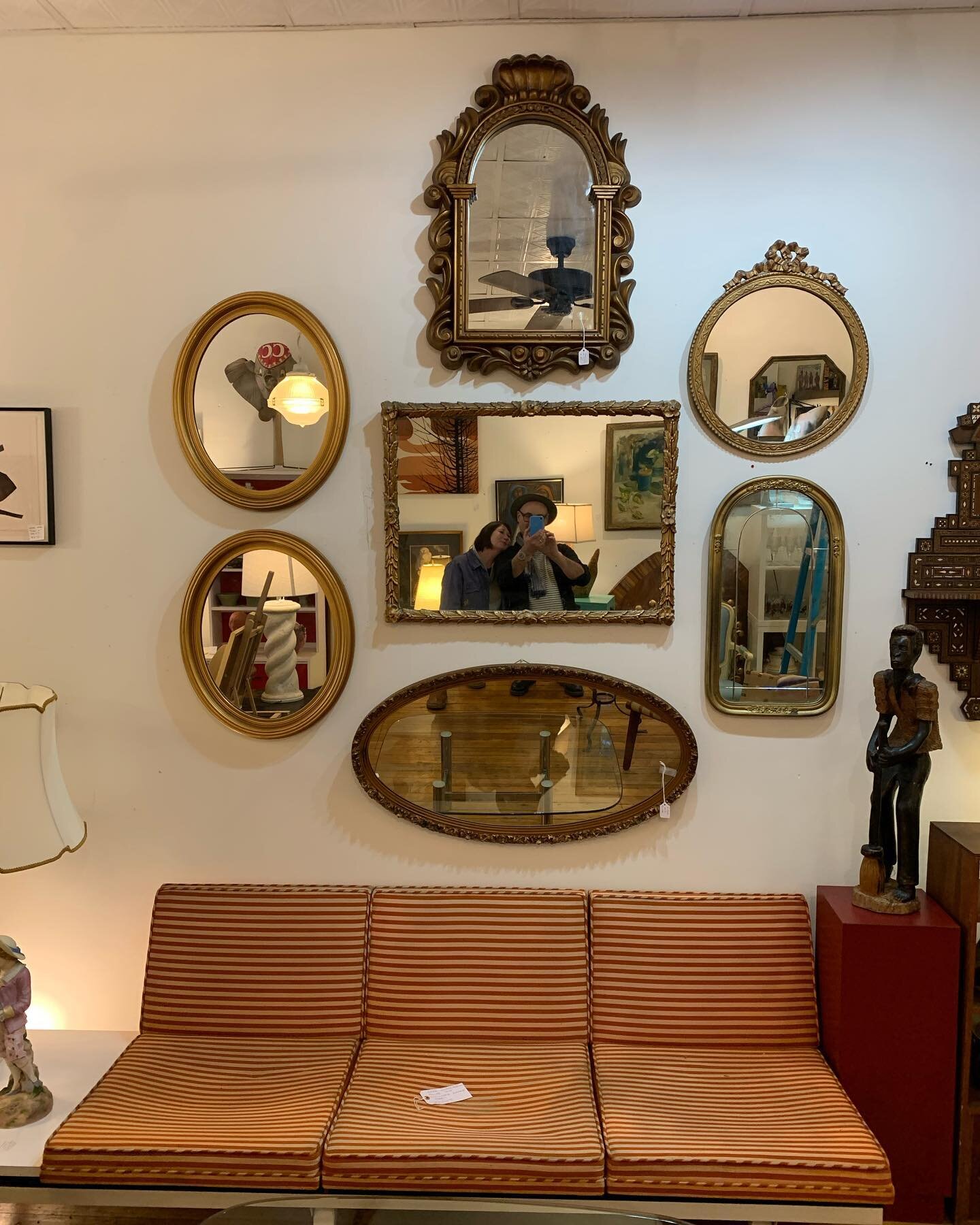 A handsome group of vintage and antique gilt mirrors fresh on display. Affordable sparkle priced in the $65 to $125 range. #vintagedesign #interiordesign #flx #genevany #morganlaurent #vintageshop