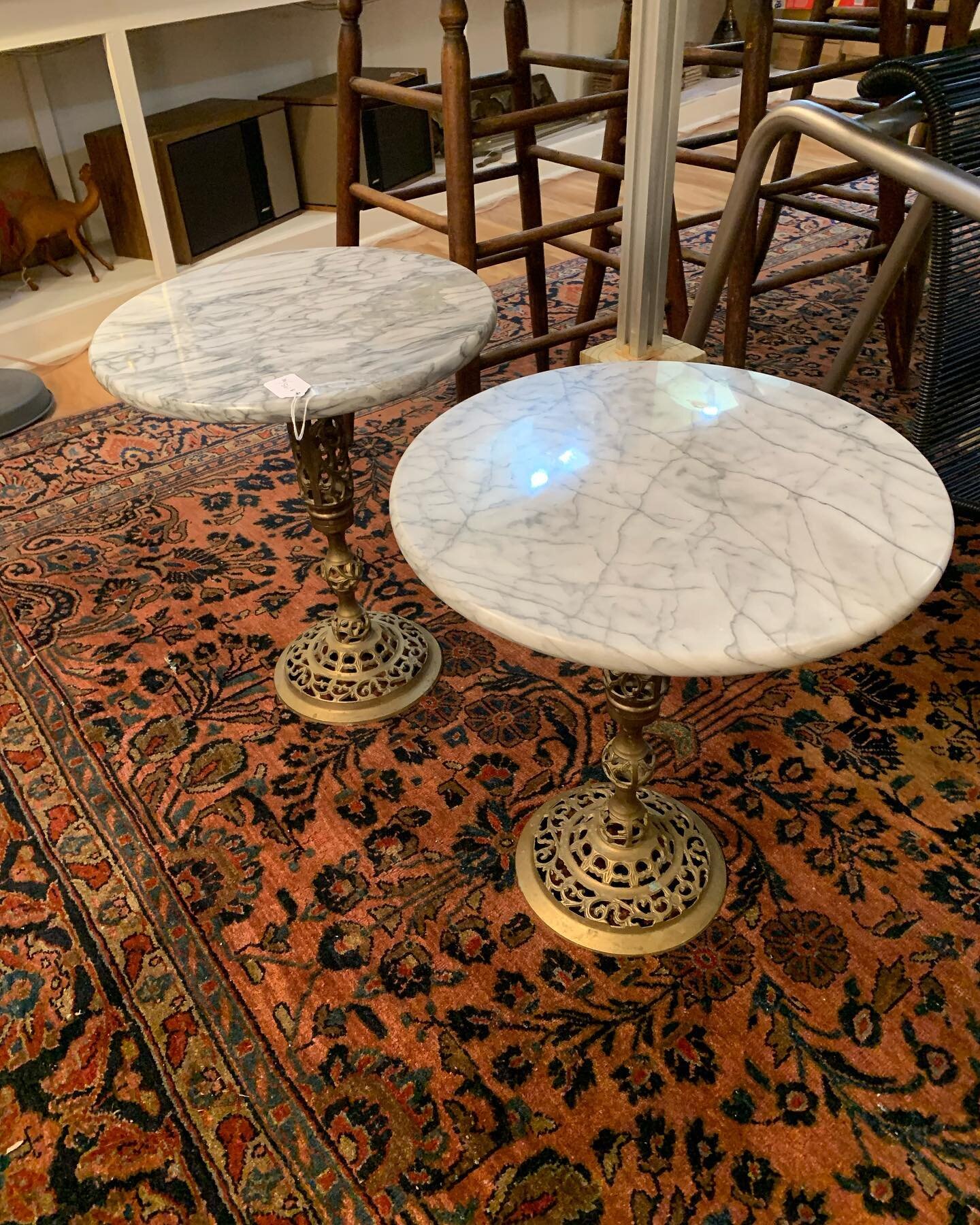 **SOLD**A sexy pair of brass and marble side tables fresh in.  About 17&rdquo; tall and 15&rdquo; in diameter (they are slightly different sizes but match well as a pair) . $195 /pr. #vintagedesign #genevany #interiordesign #flx #hollywoodregency #mo