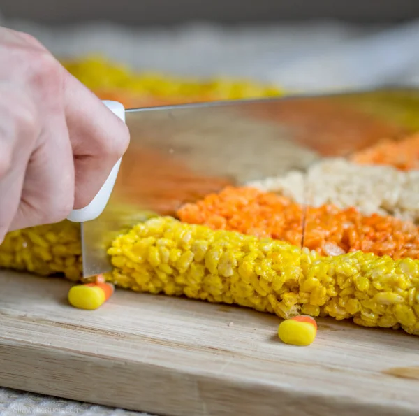 Cut rice krispie treats into traingles