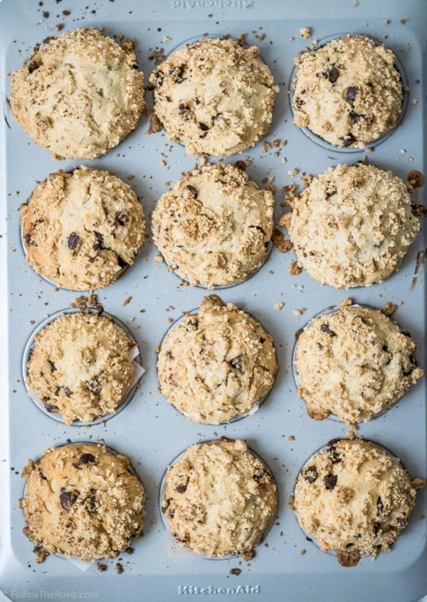 Peanut butter chocolate chip muffins with peanut butter strussel topping