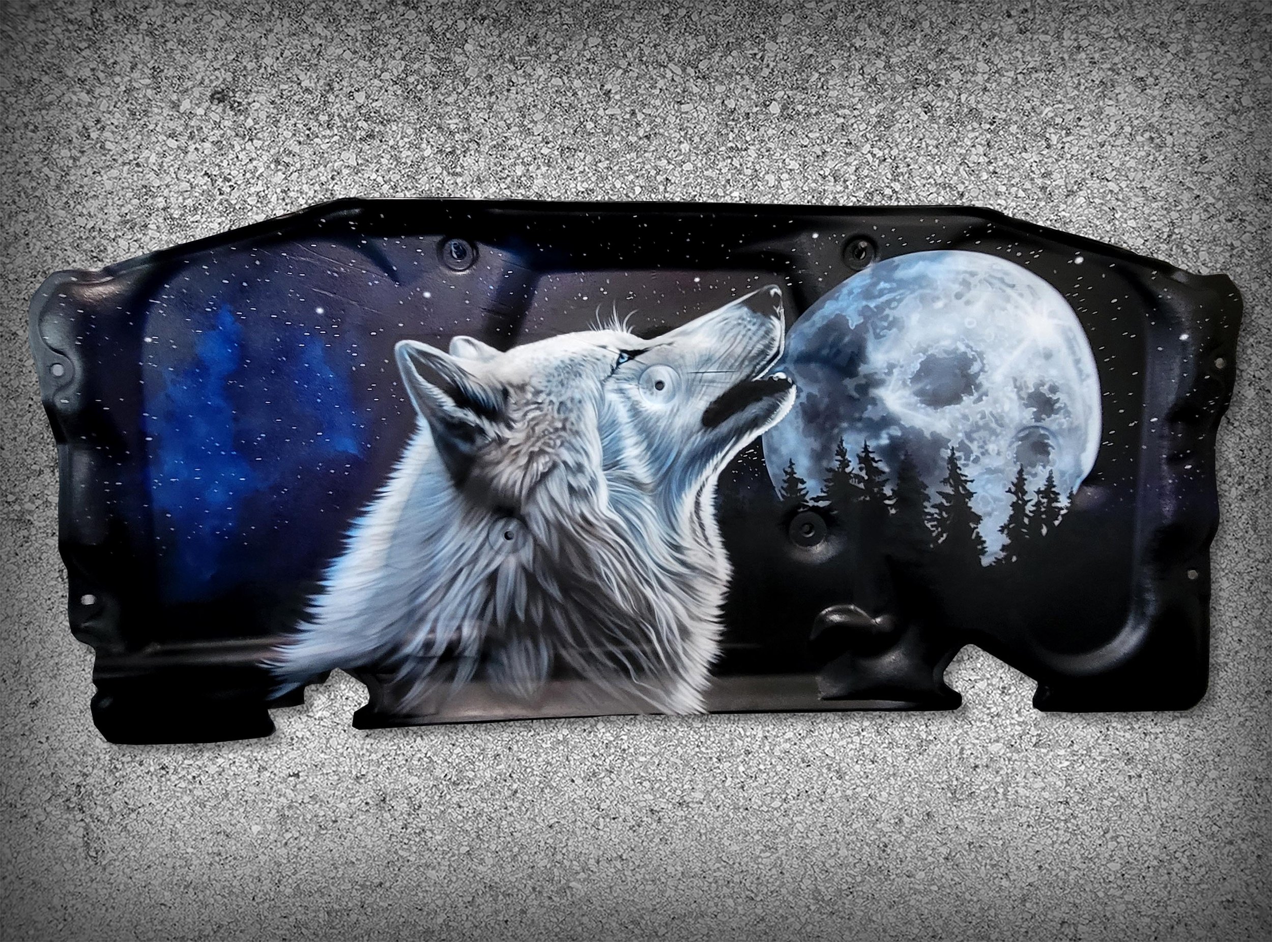 Dodge Challenger airbrushed wolf hood liner.jpg