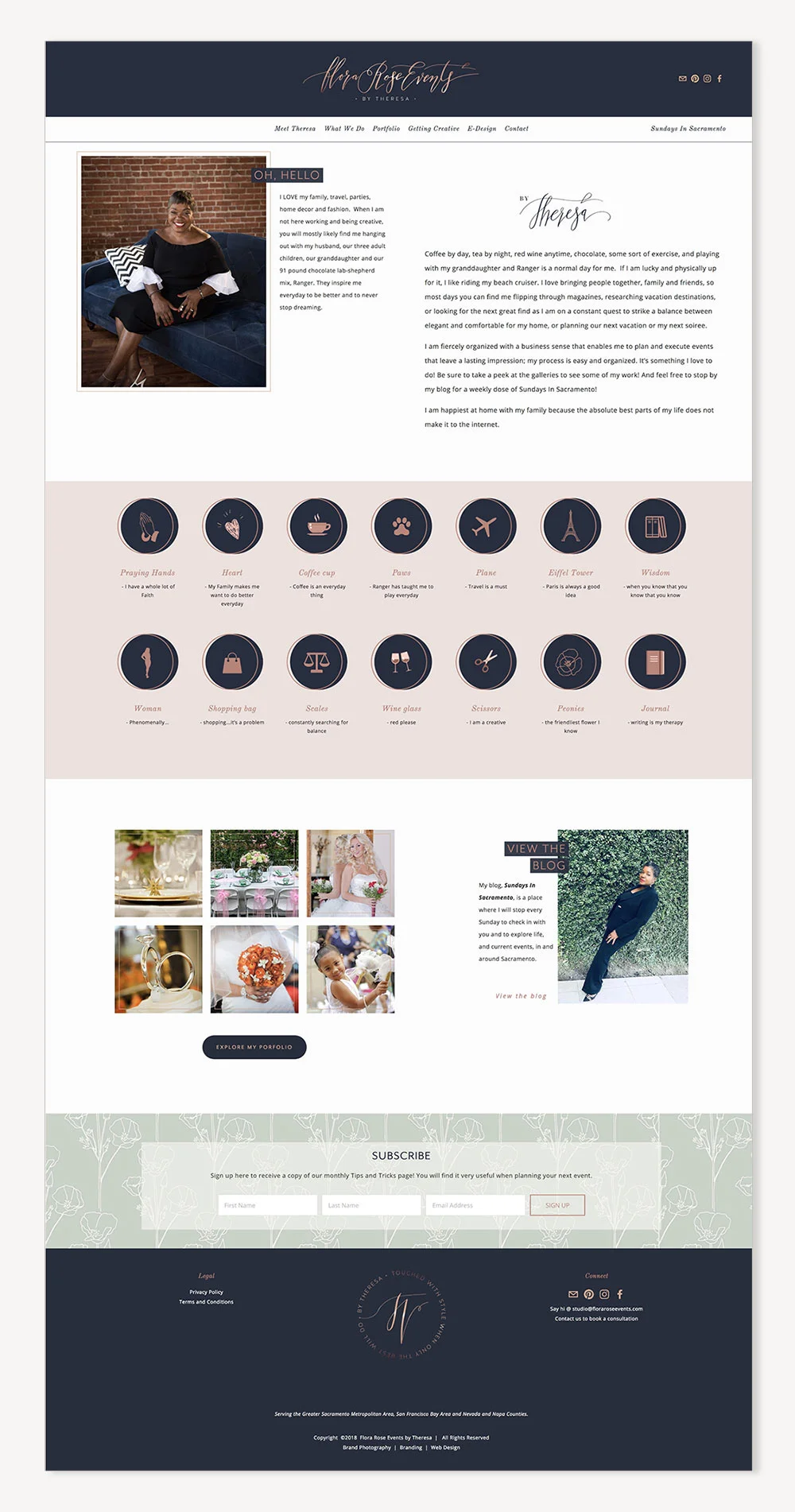 Flora Rose Events About page | Wedding and Event Planner Squarespace website | web design by Jodi Neufeld Design | Squarespace Designer
