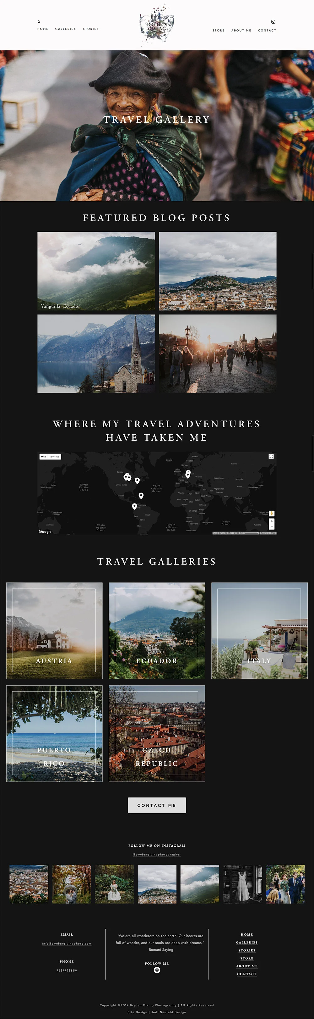Bryden Giving Photographer Travel Stories page | Squarespace web design by Jodi Neufeld Design