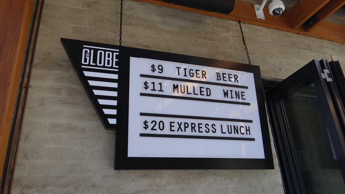 Cinemas style signage, aluminum lightbox with acrylic face and detail.