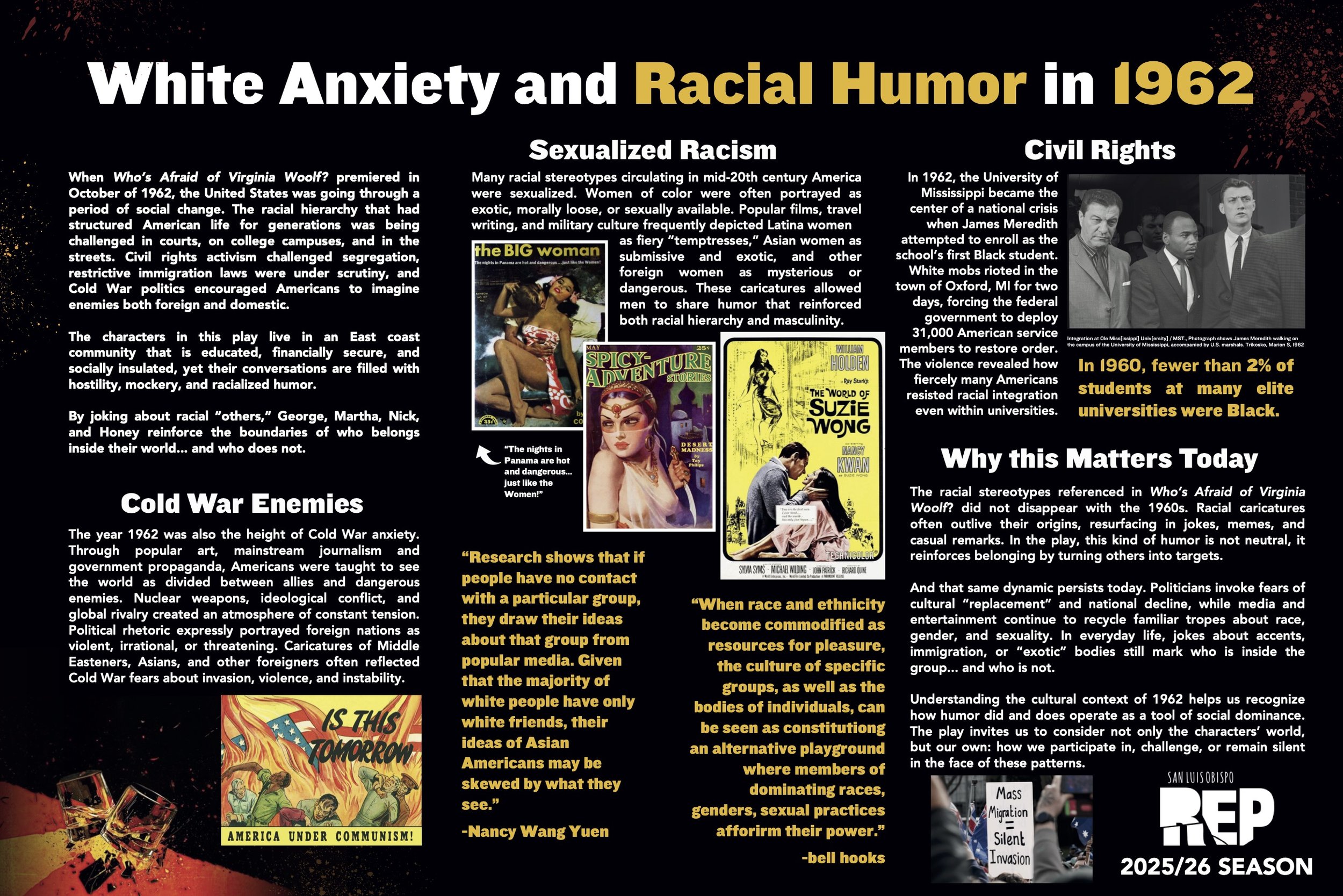 A detailed informational poster discussing white anxiety, racial humor in 1962, civil rights, and cultural issues, with images of magazine covers, historical figures, and protest scenes.