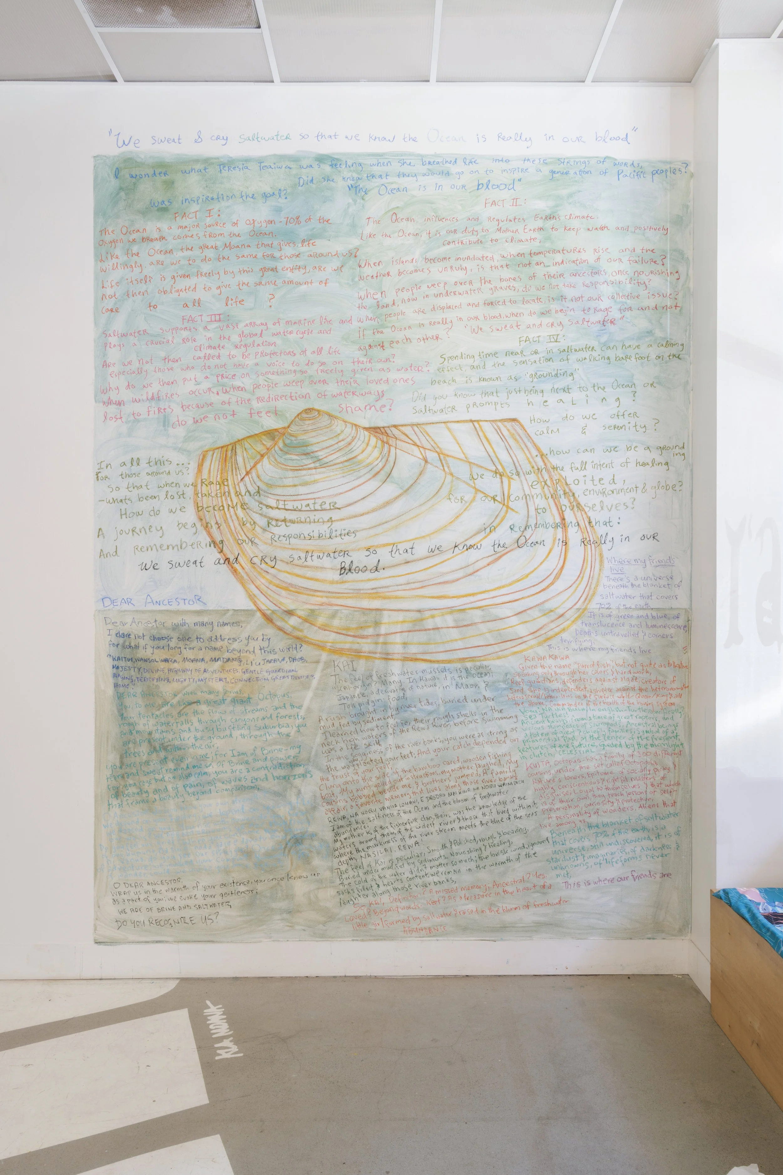   1. “we sweat and cry saltwater so that we know the ocean is really in our blood”    2. Dear Ancestor    3. Kai    4. Where My Friends Live   Ulamila Caginavanua  poetry, acrylic and pastel on wall 